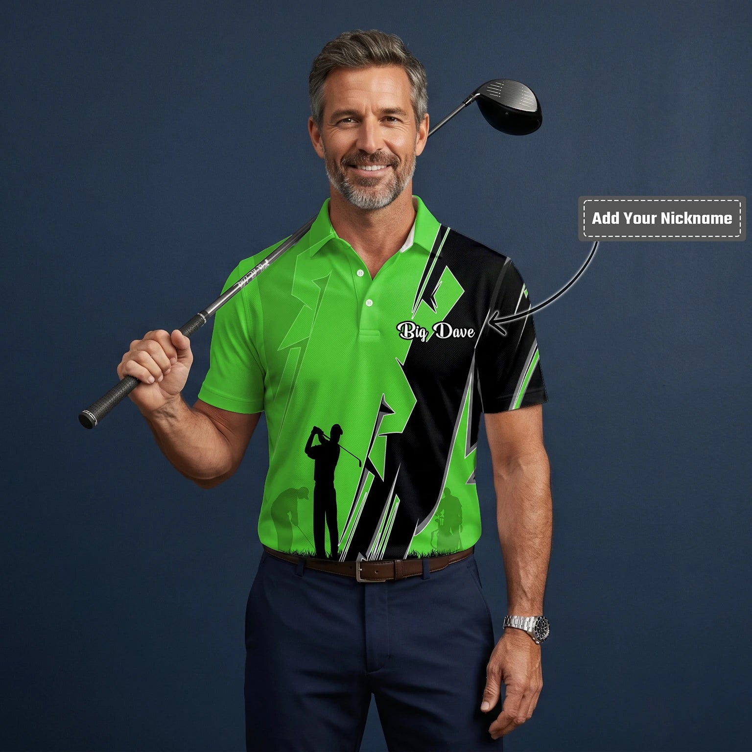 Personalised Lime Green Golfer Silhouette Lightning Golf Polo Shirt For Men V5316