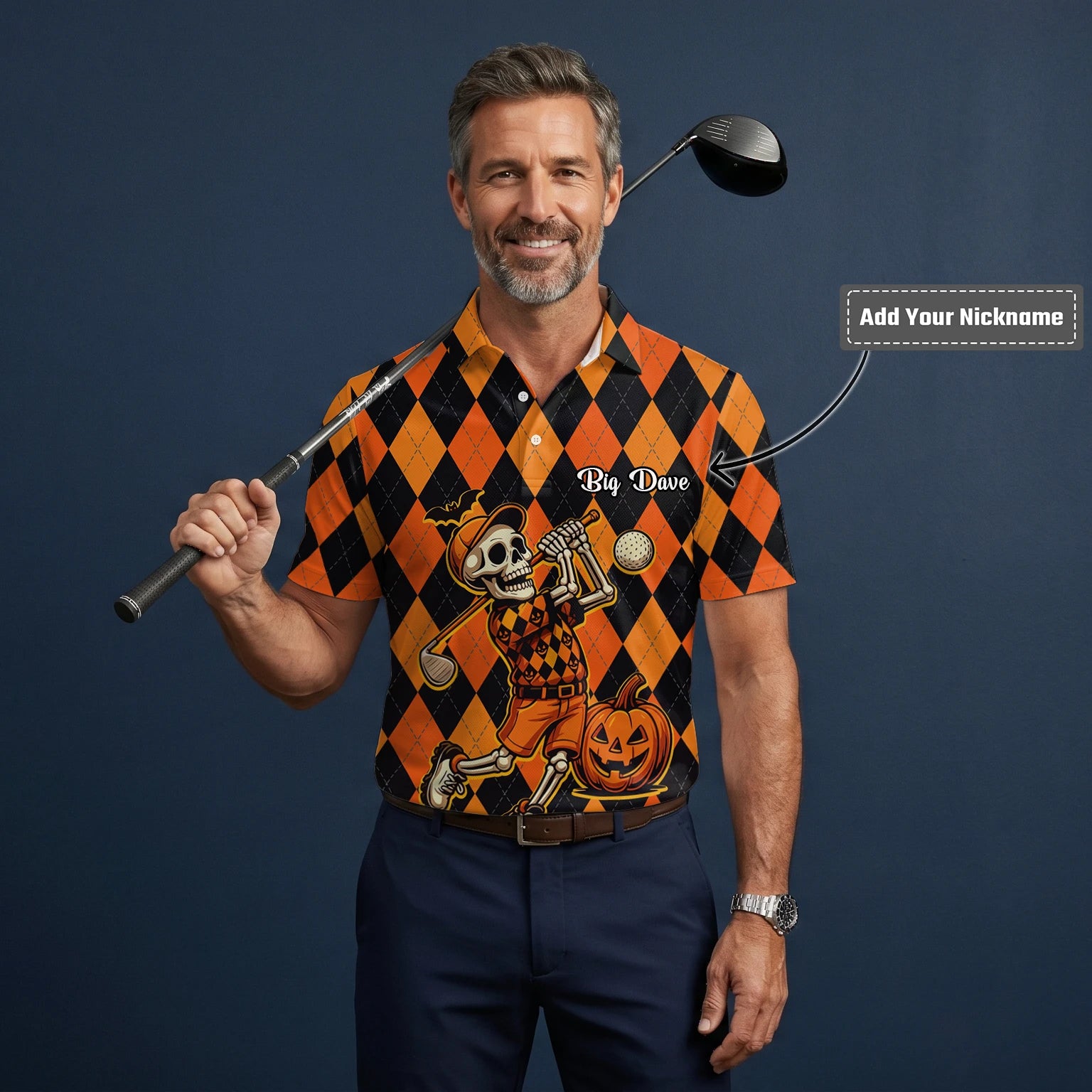 Personalised Orange Black Halloween Skeleton Golfer Argyle Golf Polo Shirt For Men I4585