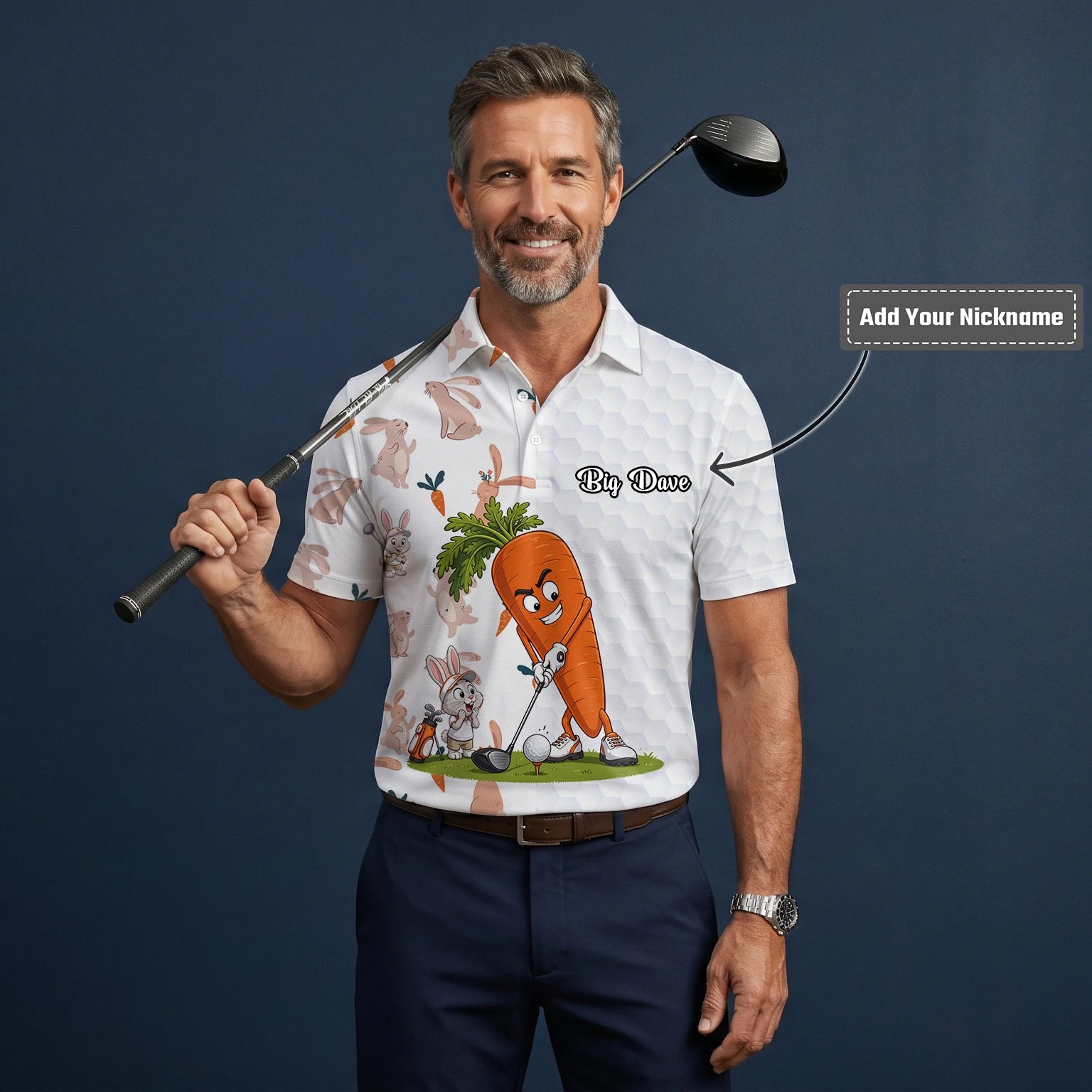 Personalised White Carrot Bunny Golfer Cartoon Golf Polo Shirt For Men Y6359