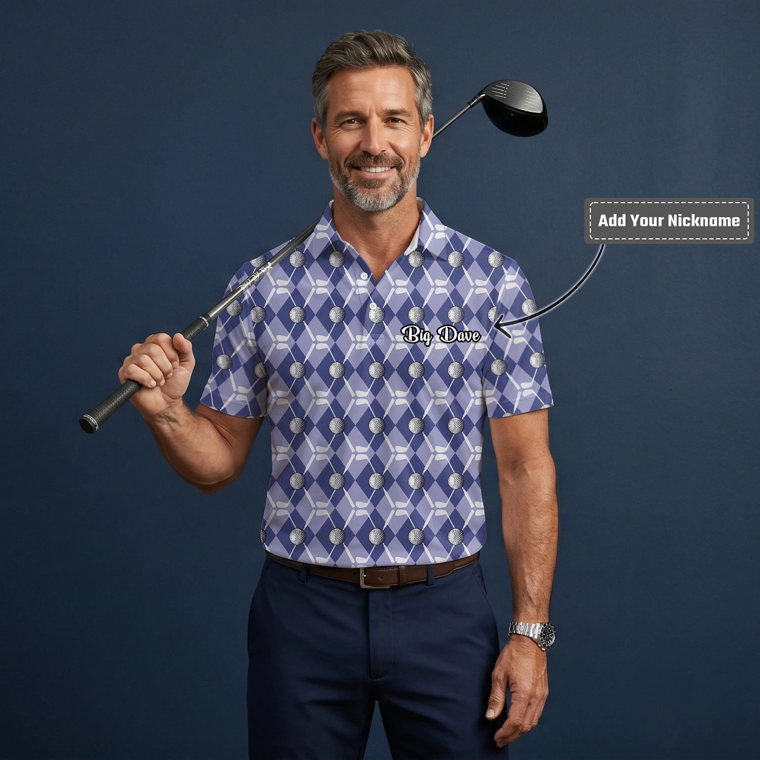 Personalised Blue Argyle Golf Ball Club Golf Polo Shirt For Men F3847