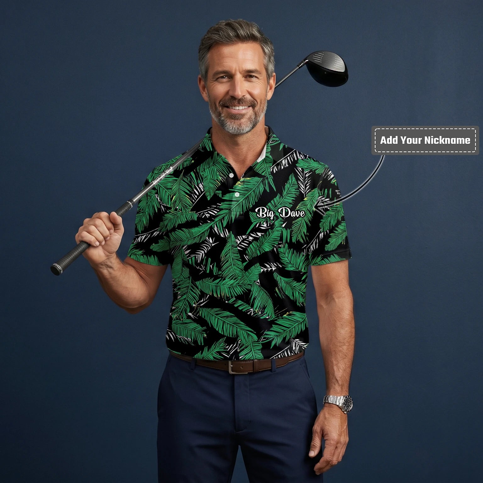 Personalised Black Green Tropical Banana Leaf Golf Polo Shirt For Men K8023