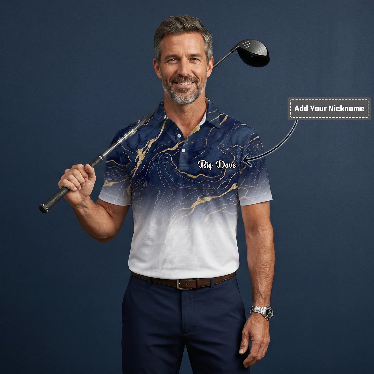 Personalised Navy White Marble Gold Vein Golf Polo Shirt For Men U5613