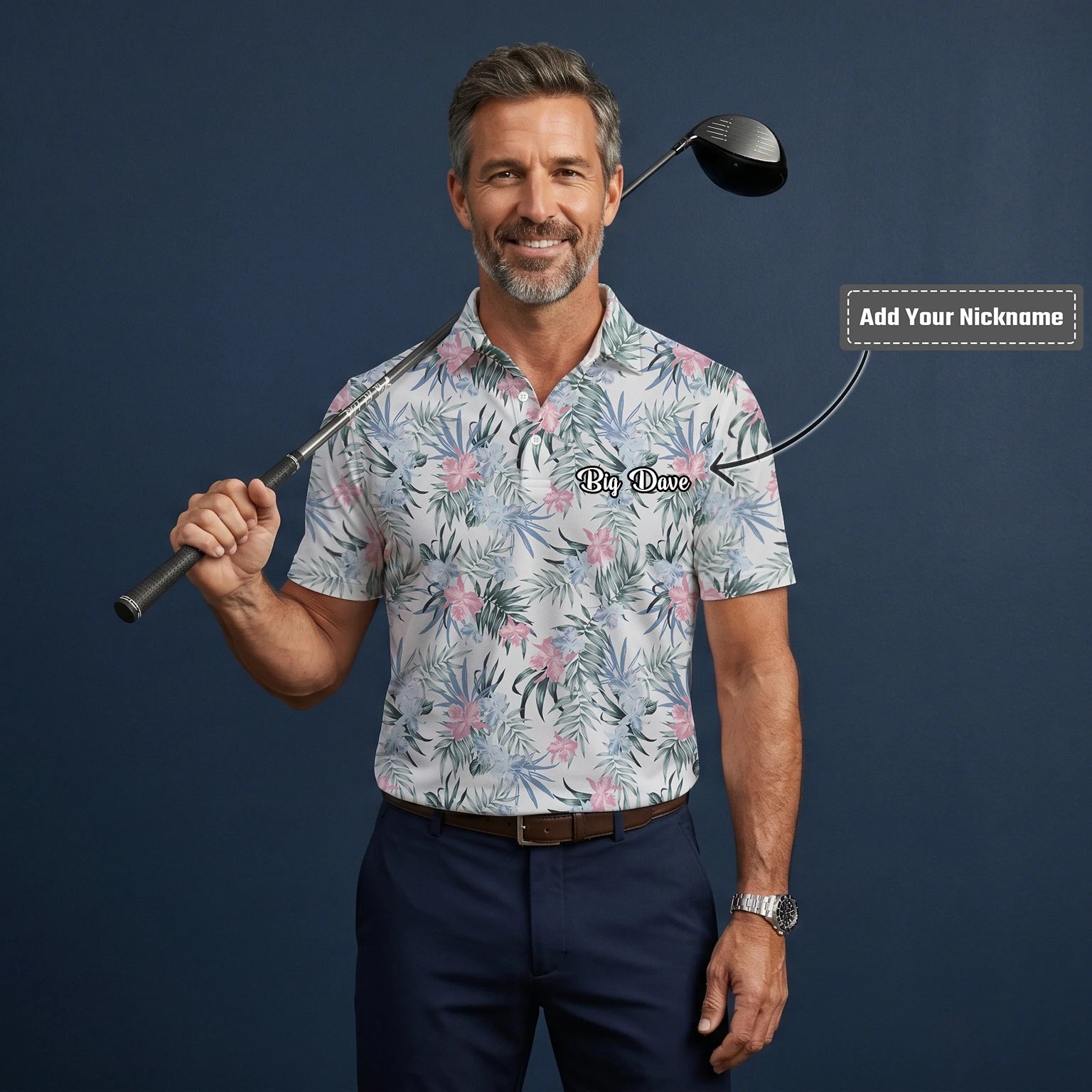 Personalised White Pink Tropical Floral Leaf Golf Polo Shirt For Men C1037