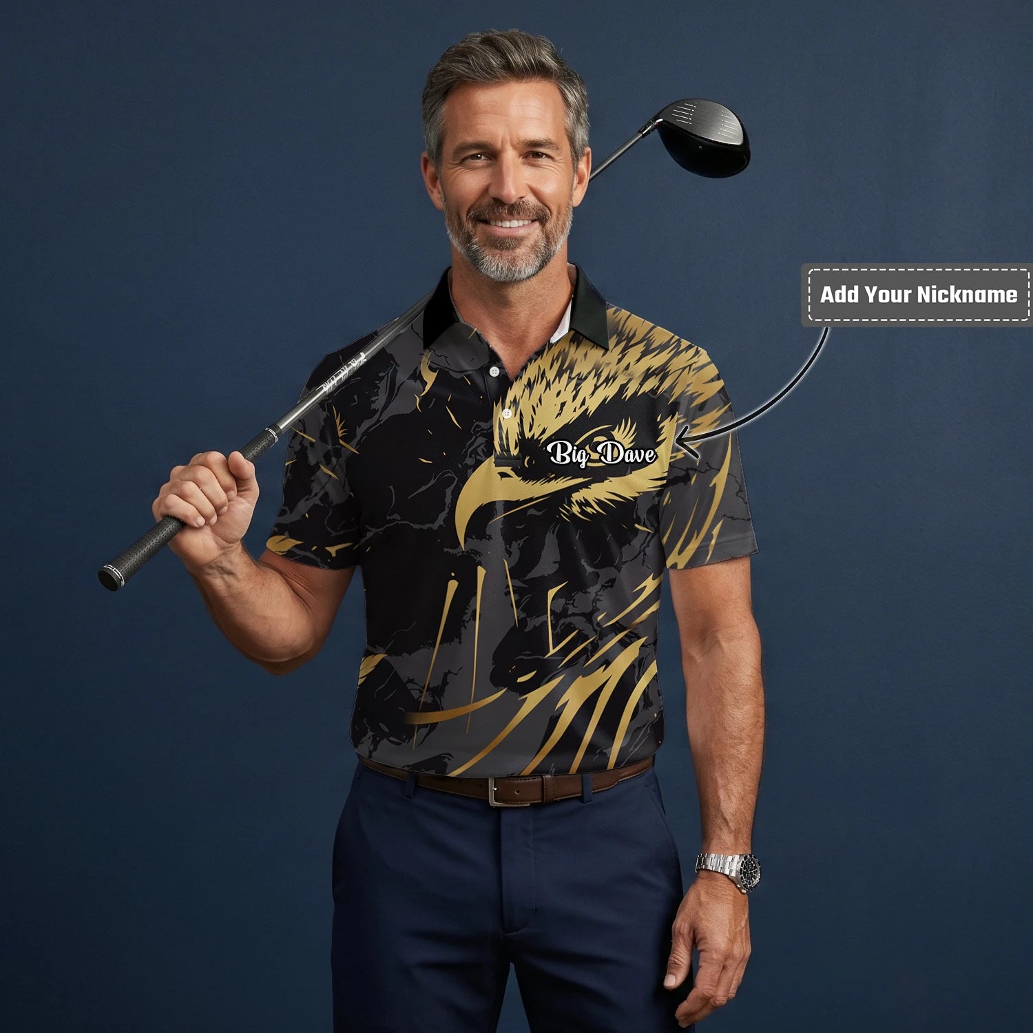 Personalised Black Gold Eagle Feather Golf Polo Shirt For Men F0802