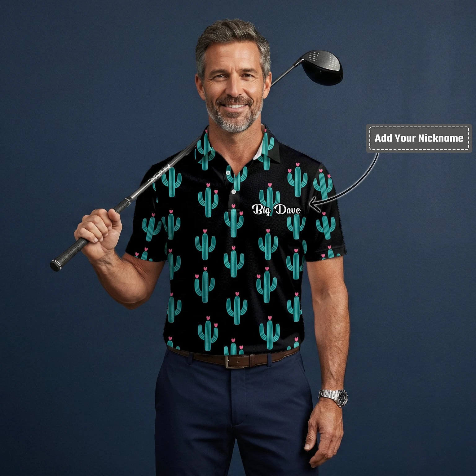 Personalised Black Turquoise Cactus Heart Golf Polo Shirt For Men L0709