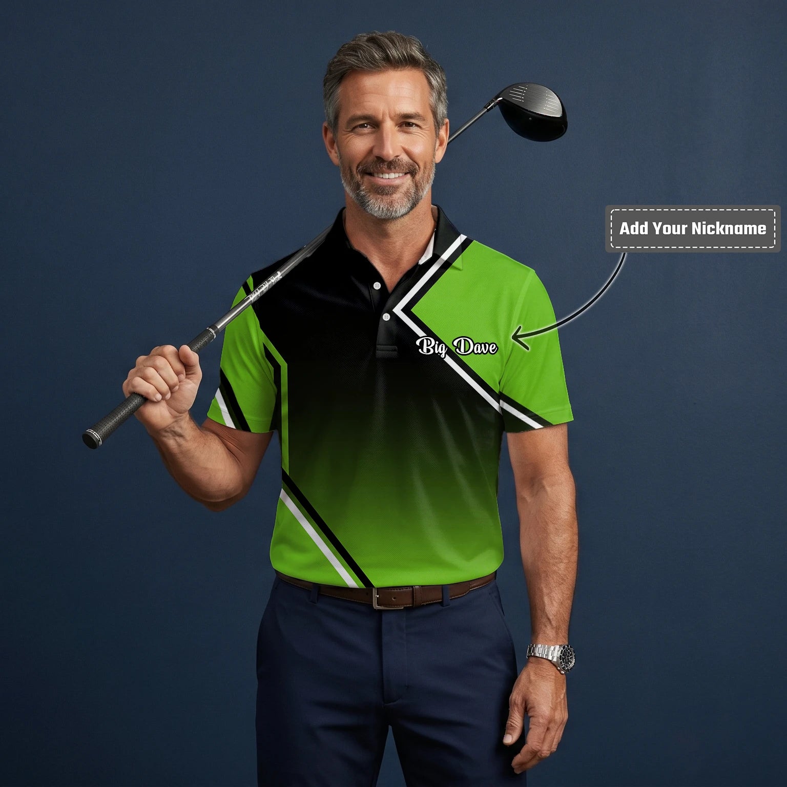 Personalised Black Green Geometric Stripe Golf Polo Shirt For Men V2638