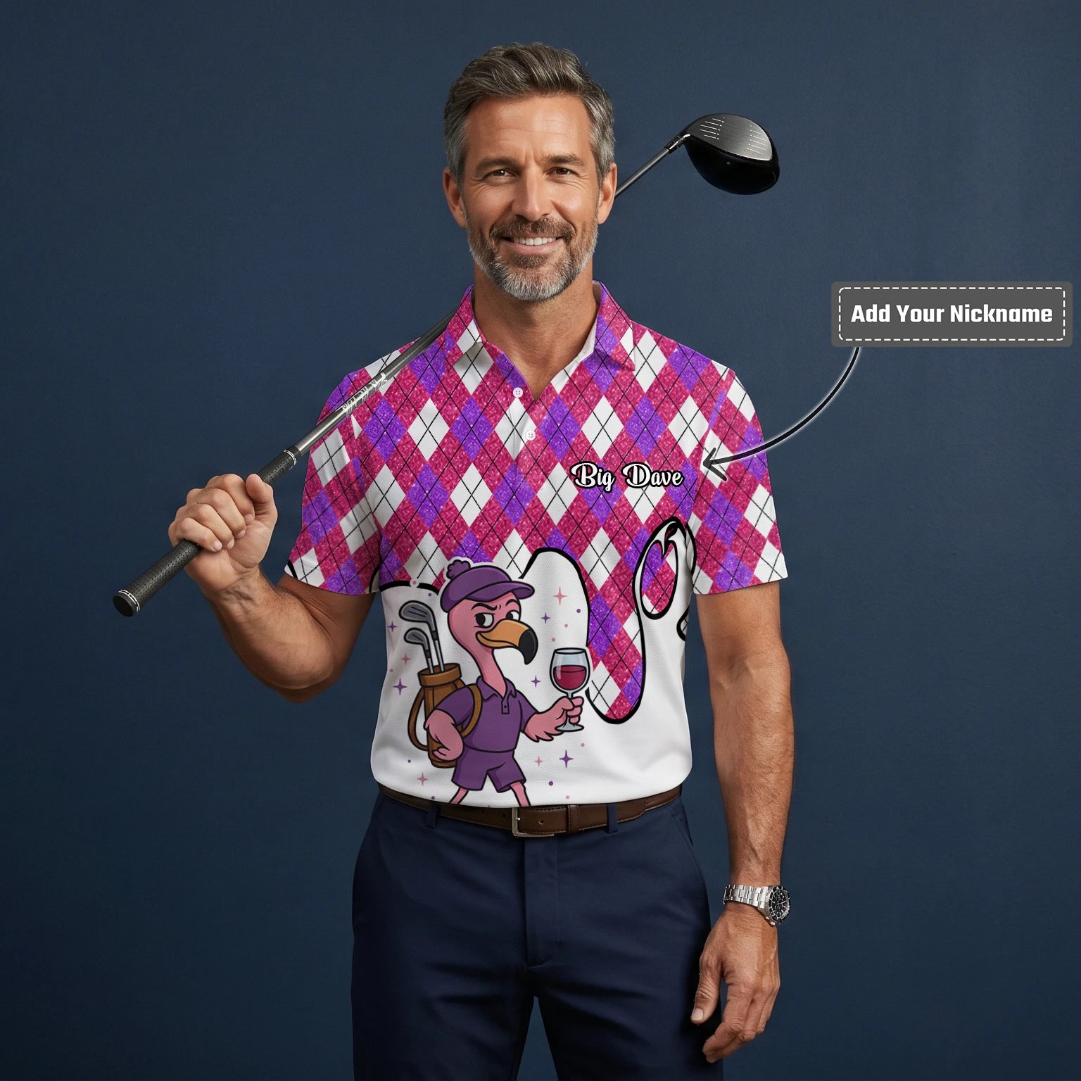 Personalised Pink Purple Argyle Ostrich Golfer Cartoon Golf Polo Shirt For Men D7000