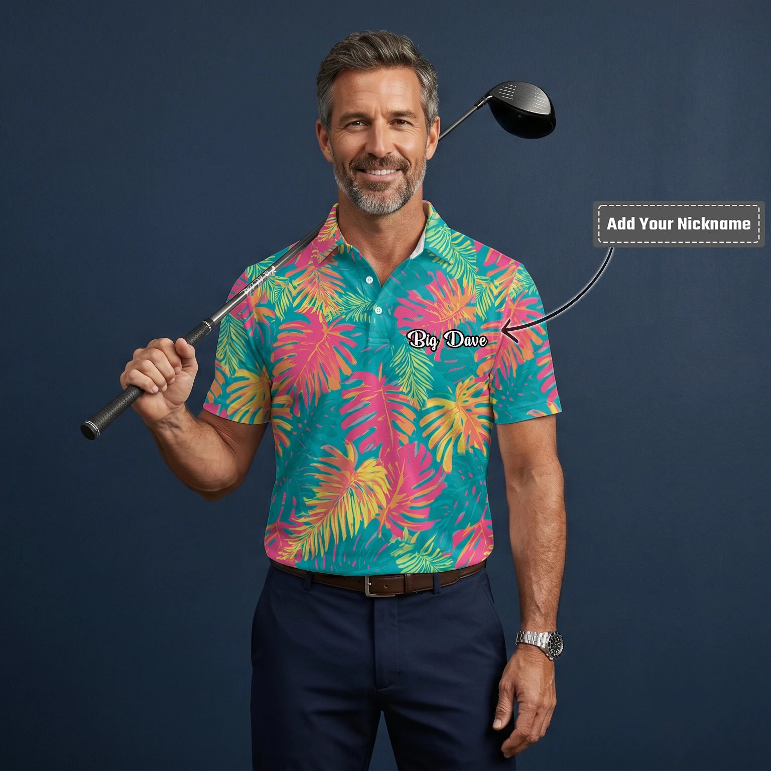 Personalised Teal Coral Tropical Leaf Golf Polo Shirt For Men H8937