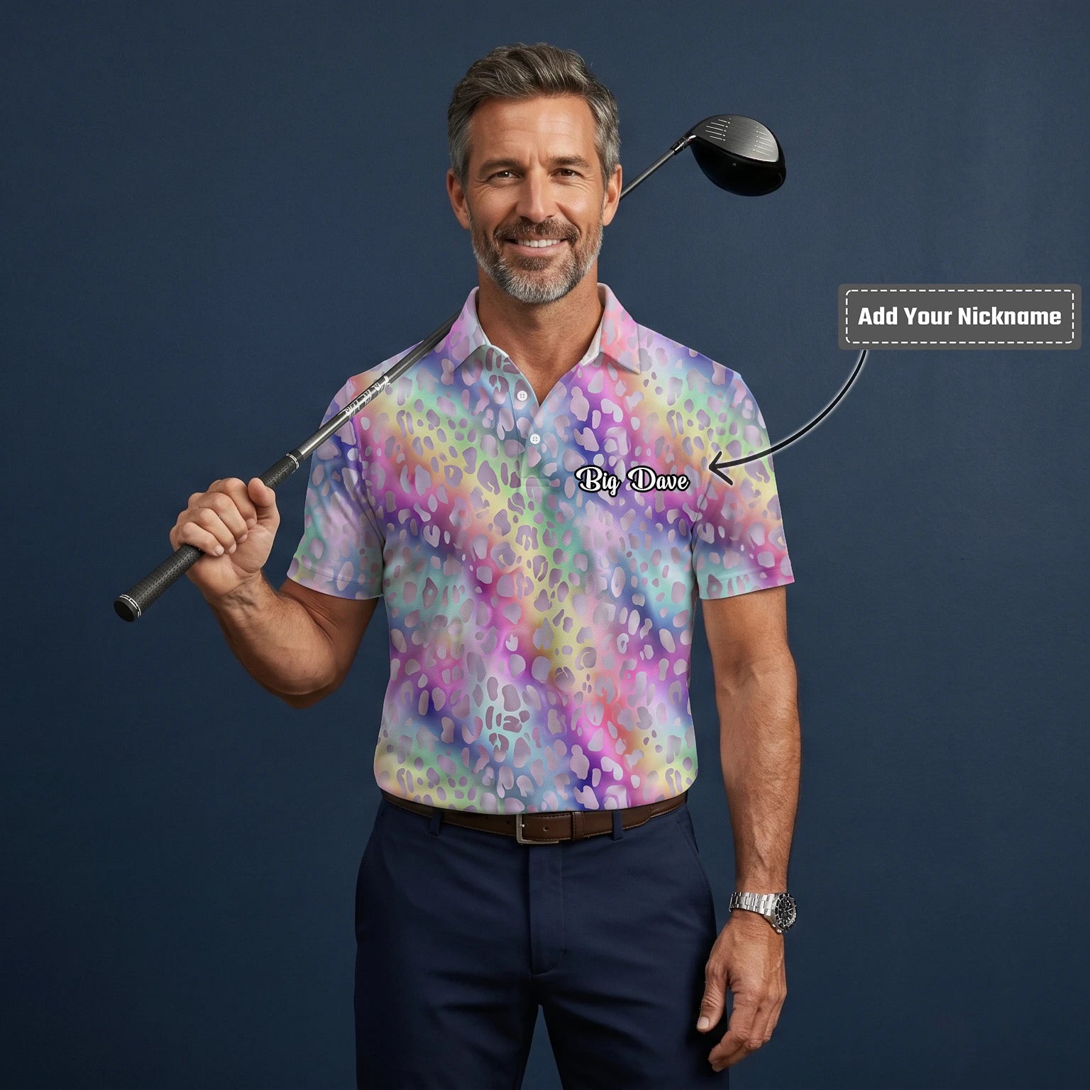 Personalised Pastel Rainbow Leopard Print Golf Polo Shirt For Men E5373