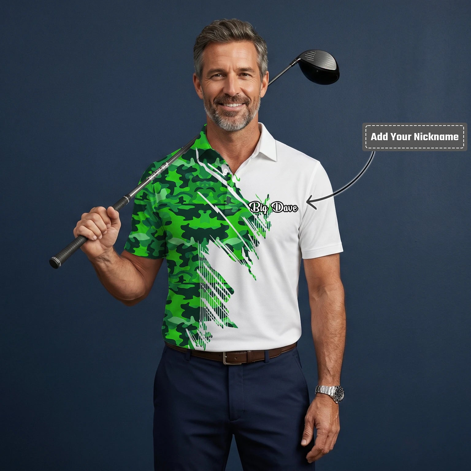 Personalised White Green Camo Brush Stripe Golf Polo Shirt For Men E9788