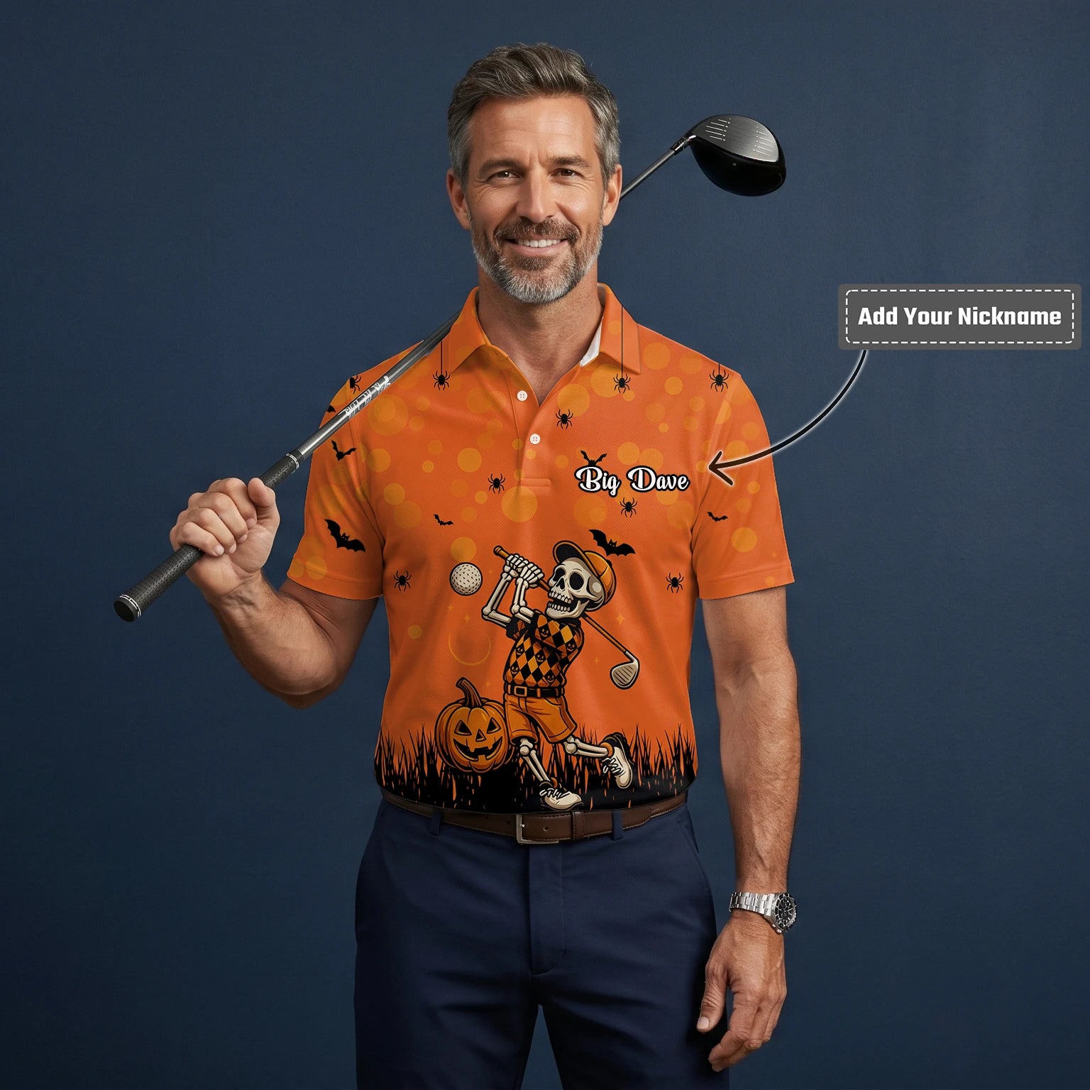 Personalised Orange Halloween Skeleton Golfer Golf Polo Shirt For Men D3851