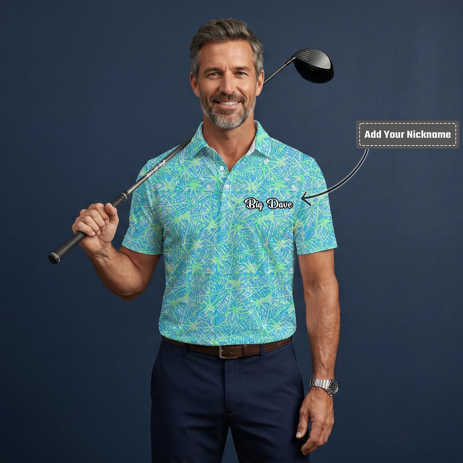 Personalised Turquoise Lime Tropical Leaf Golf Polo Shirt For Men U1015