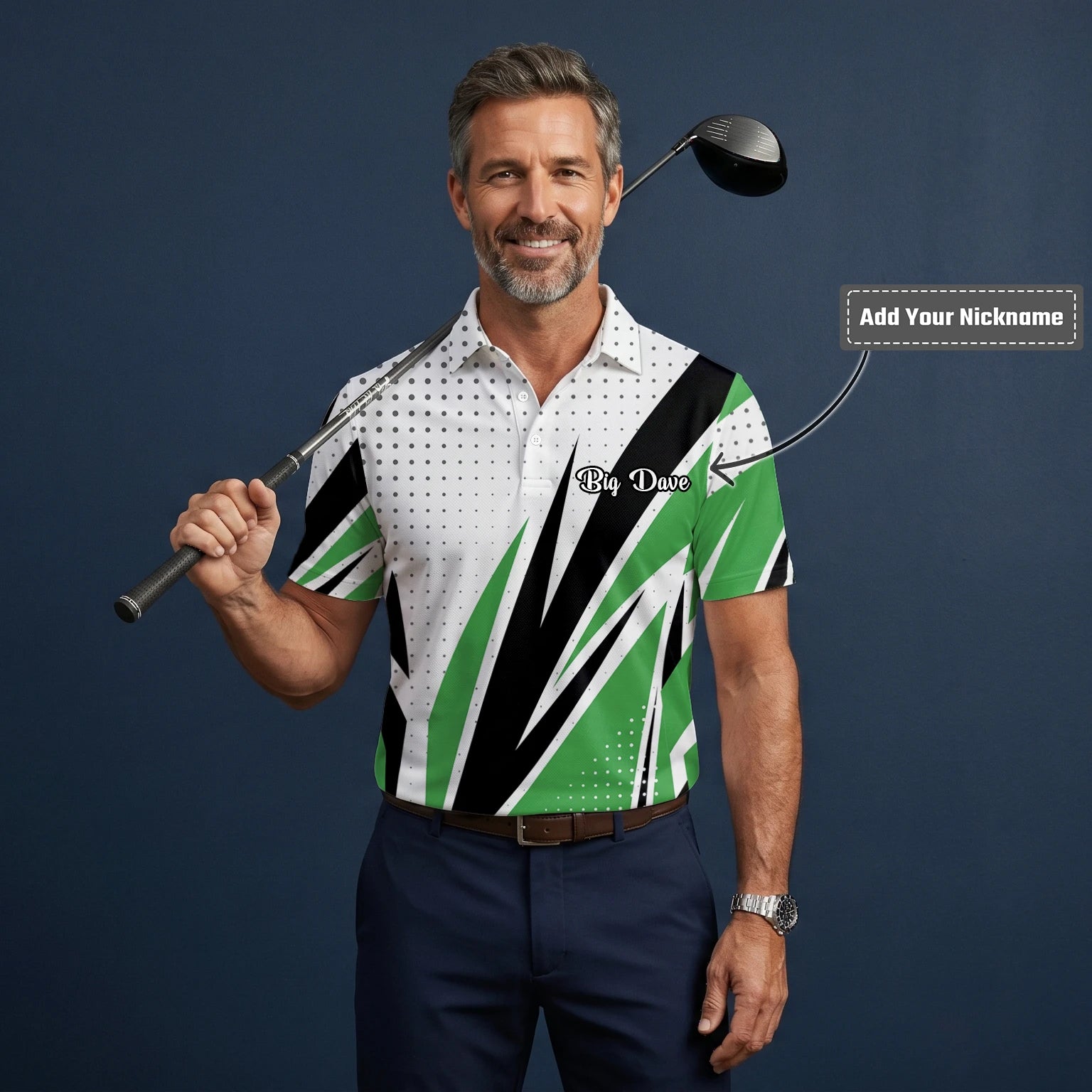 Personalised White Green Black Abstract Stripe Golf Polo Shirt For Men C9494
