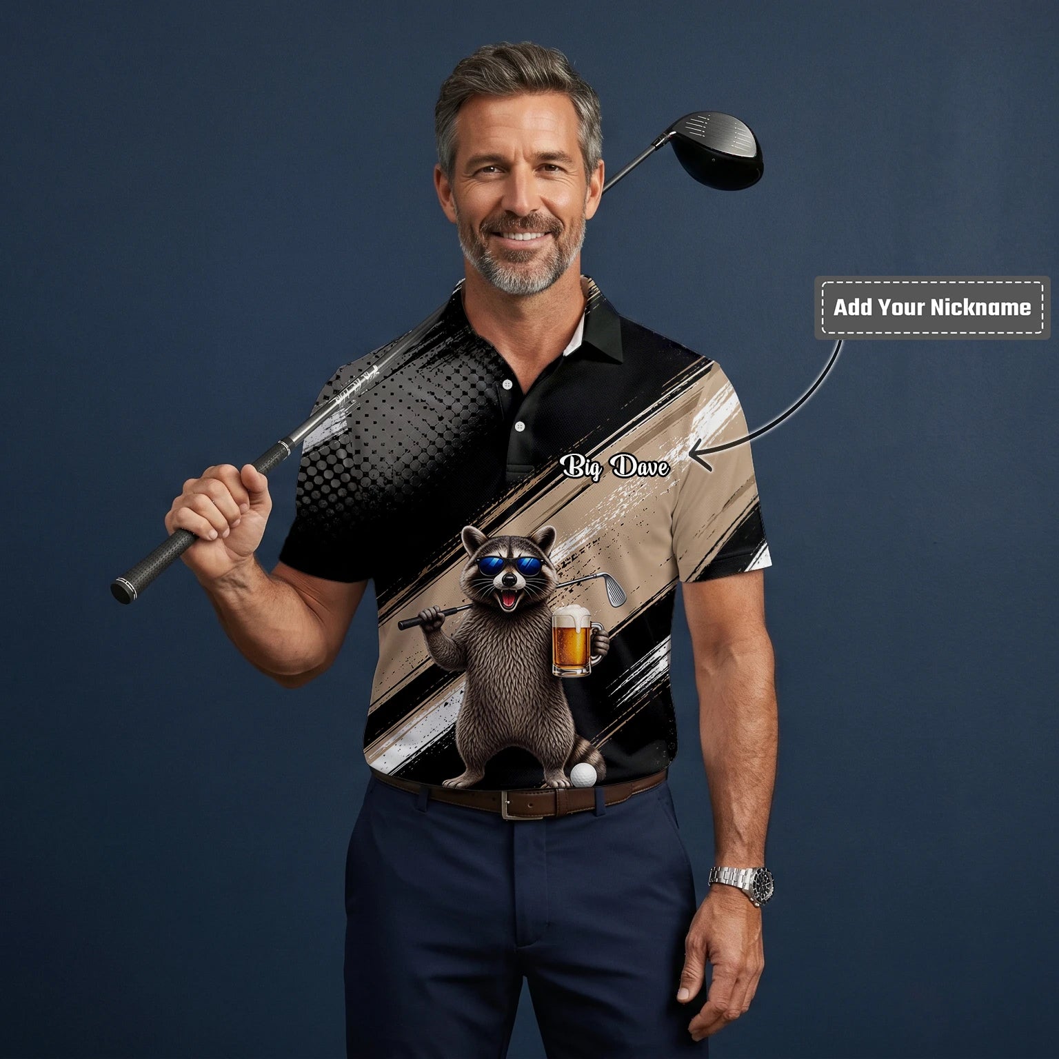 Personalised Black Beige Raccoon Beer Golfer Cartoon Golf Polo Shirt For Men K7921