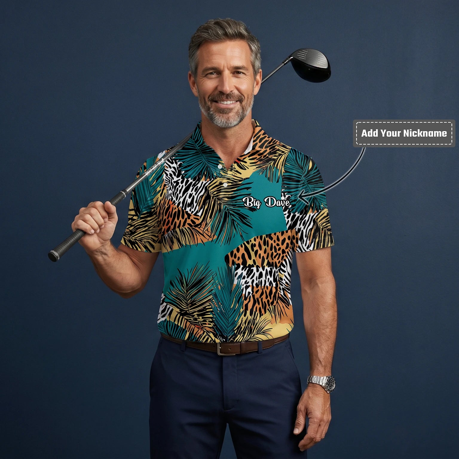 Personalised Teal Orange Tropical Palm Animal Print Golf Polo Shirt For Men A7122