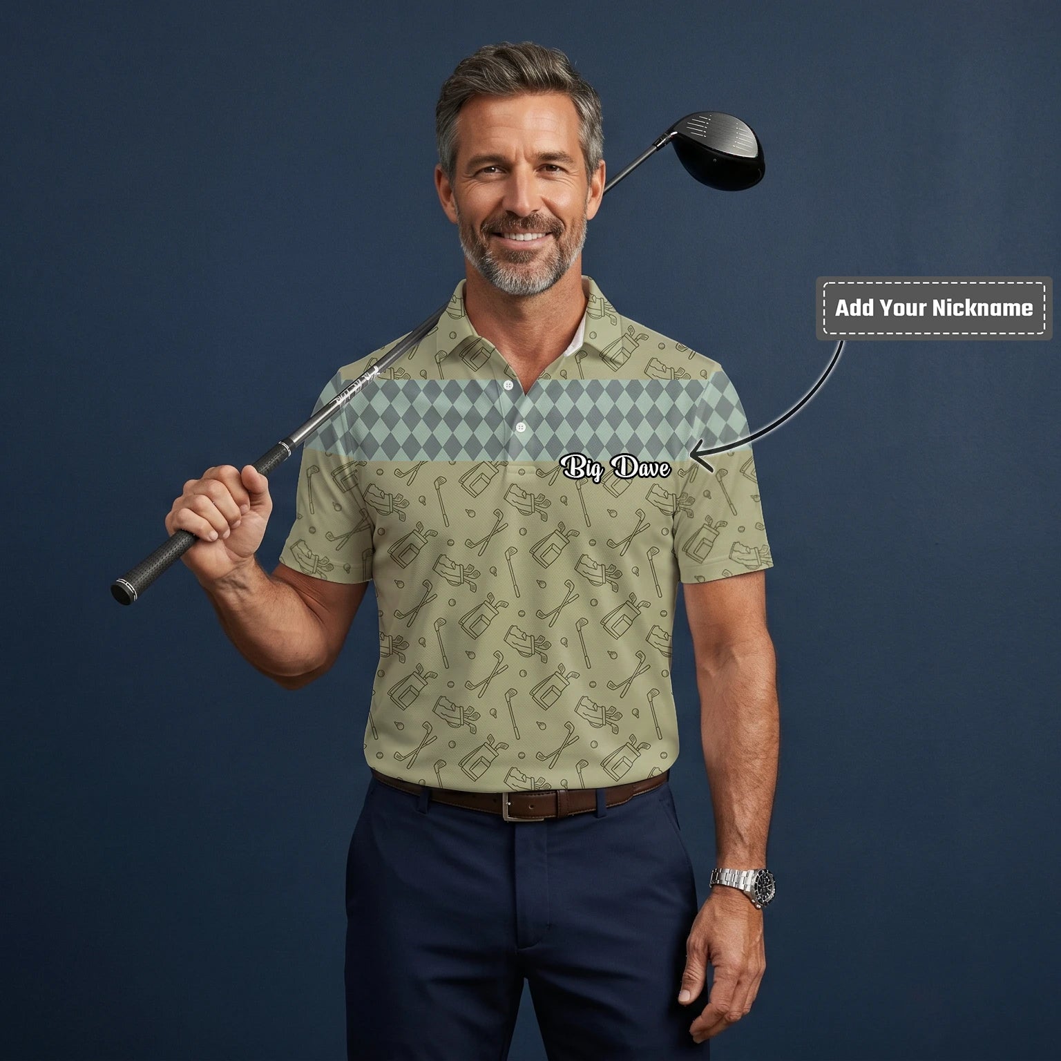 Personalised Khaki Golf Club Sketch Argyle Golf Polo Shirt For Men K5983
