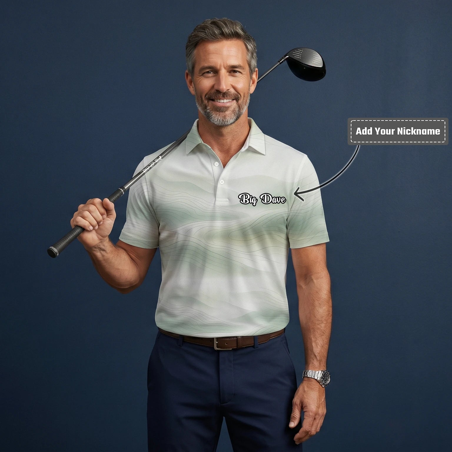 Personalised White Sage Green Abstract Wave Golf Polo Shirt For Men F8070