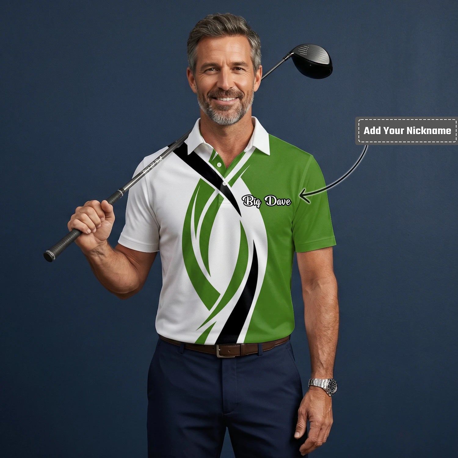 Personalised White Green Black Abstract Wave Golf Polo Shirt For Men P7352