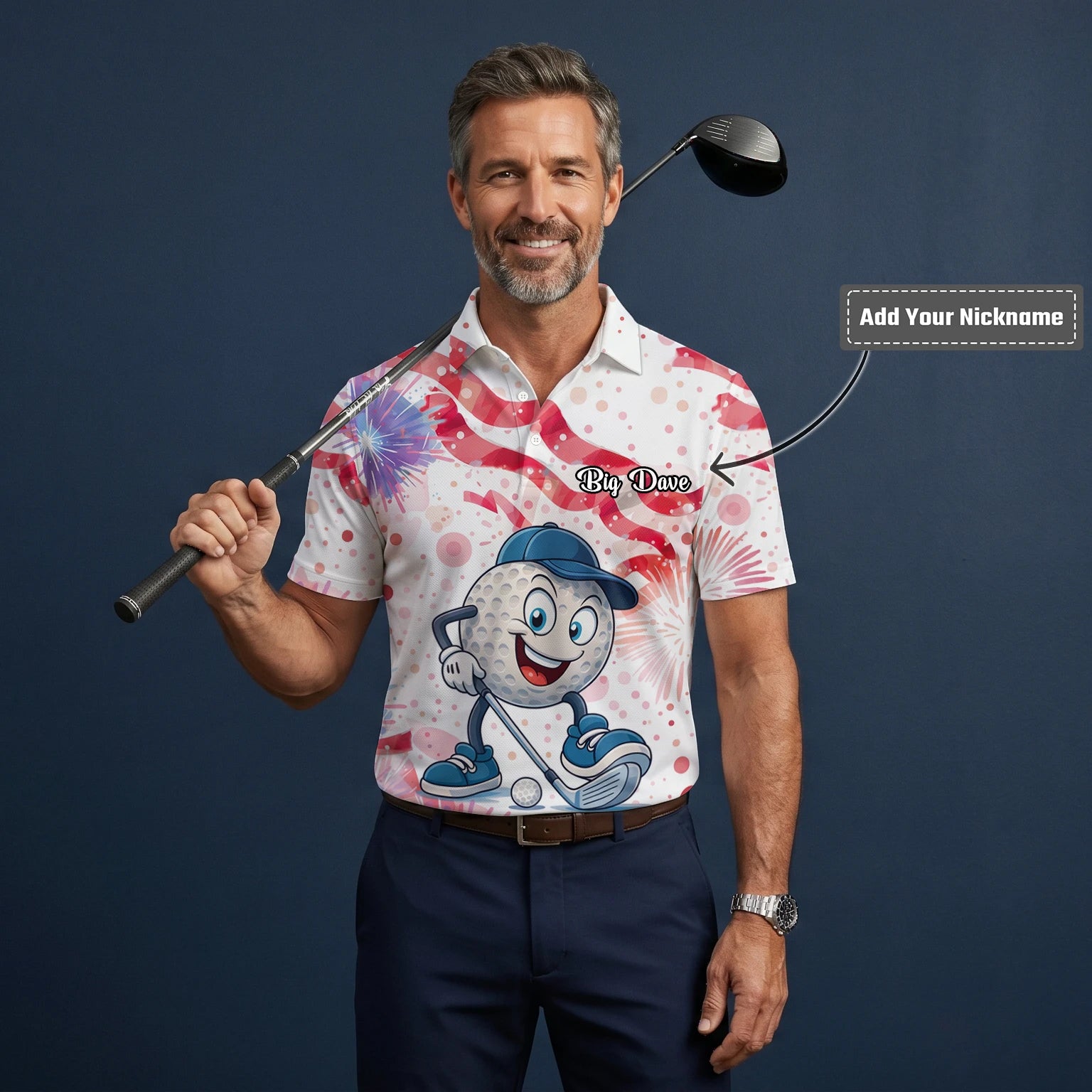 Personalised White Pink Golf Ball Cartoon Firework Golf Polo Shirt For Men C2083