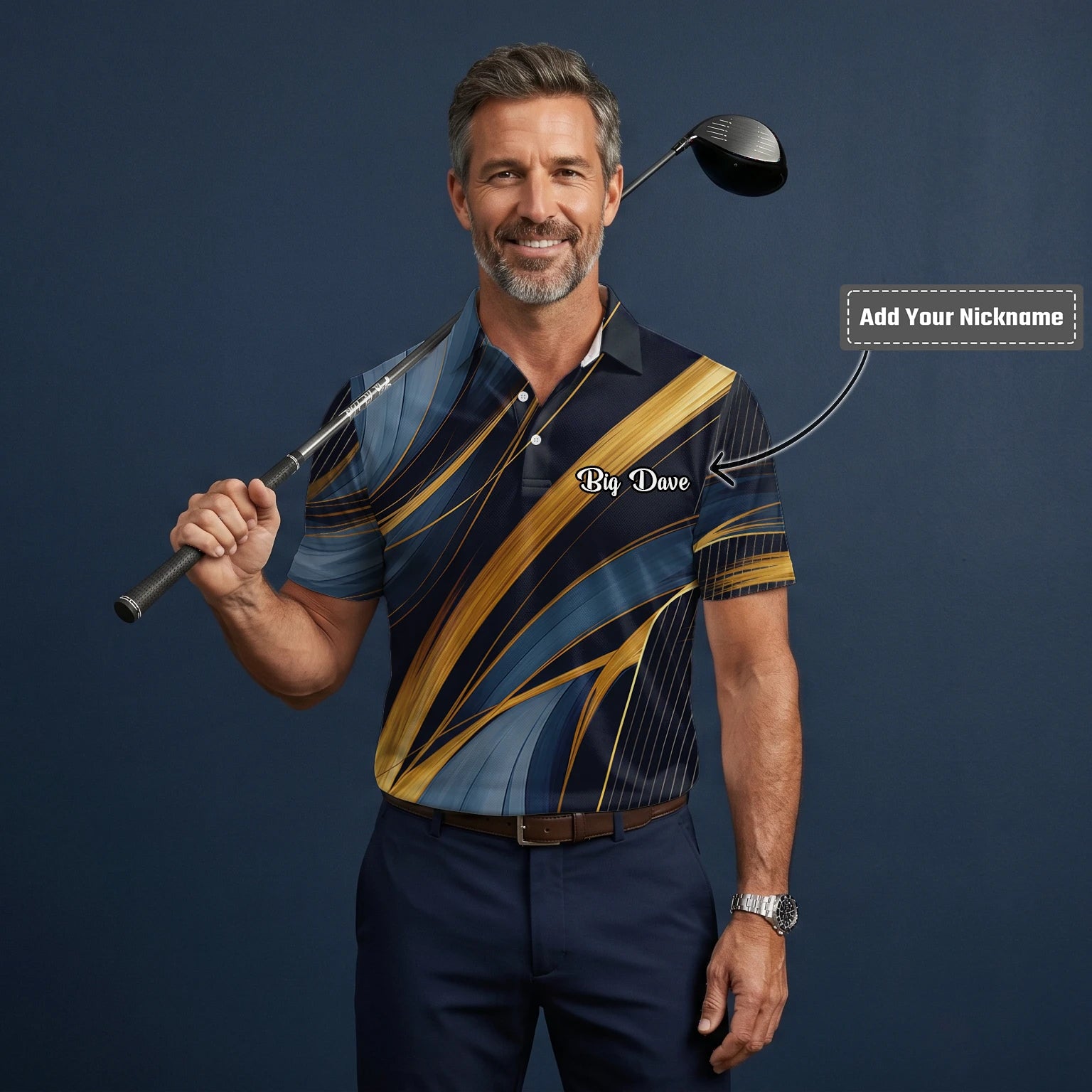 Personalised Navy Gold Abstract Ribbon Golf Polo Shirt For Men V6882