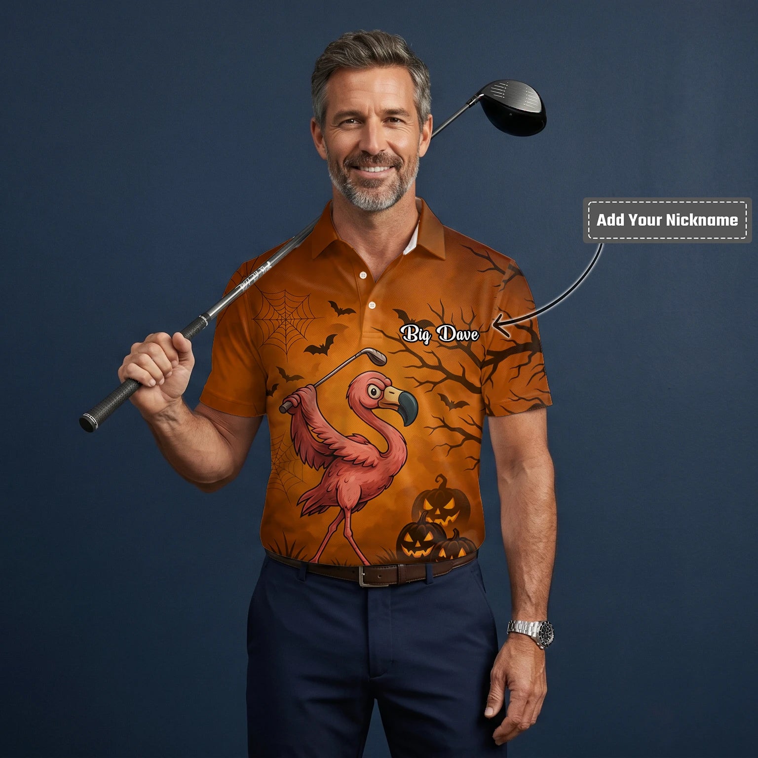 Personalised Orange Halloween Flamingo Golfer Pumpkin Golf Polo Shirt For Men V7072