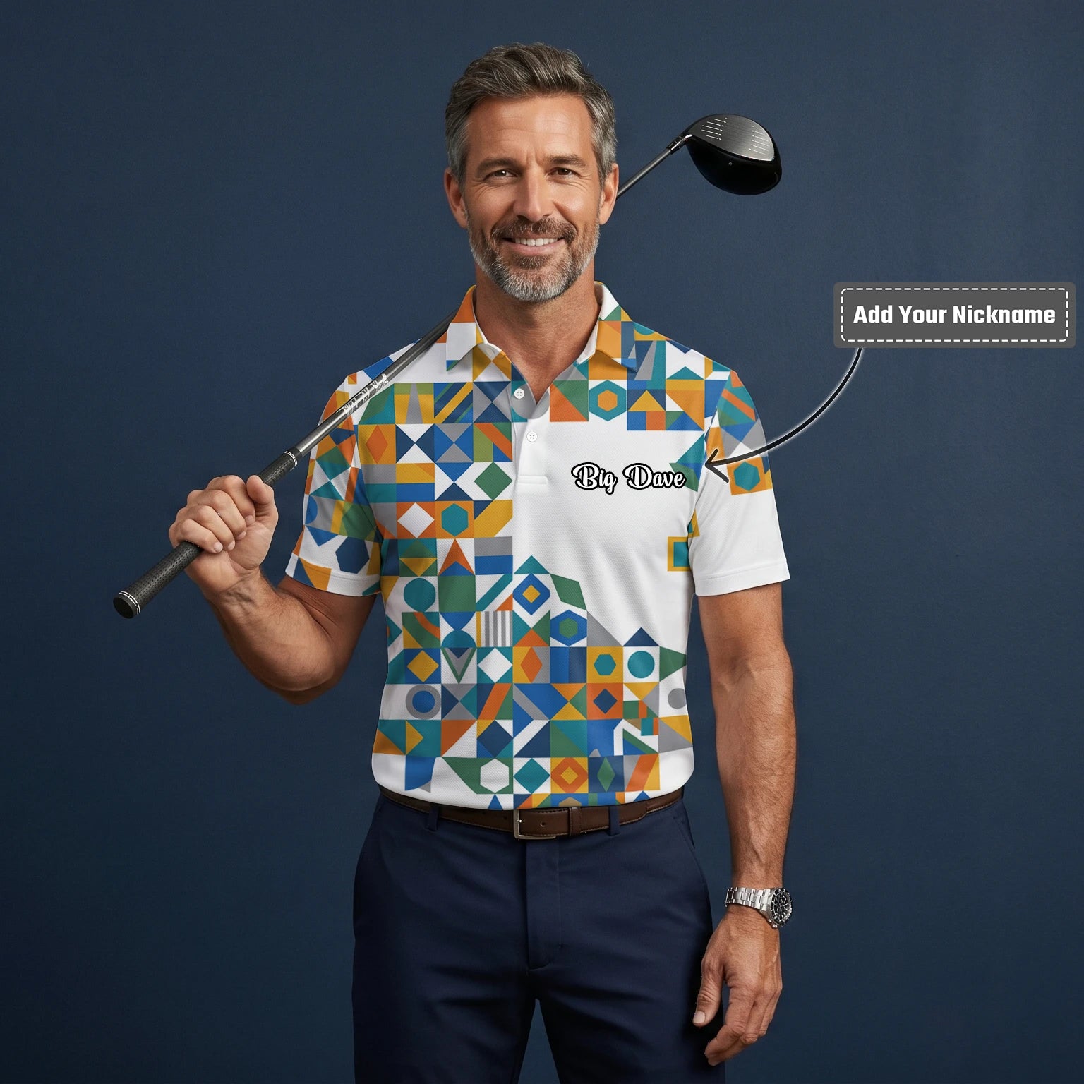 Personalised White Teal Orange Geometric Patchwork Golf Polo Shirt For Men K5362