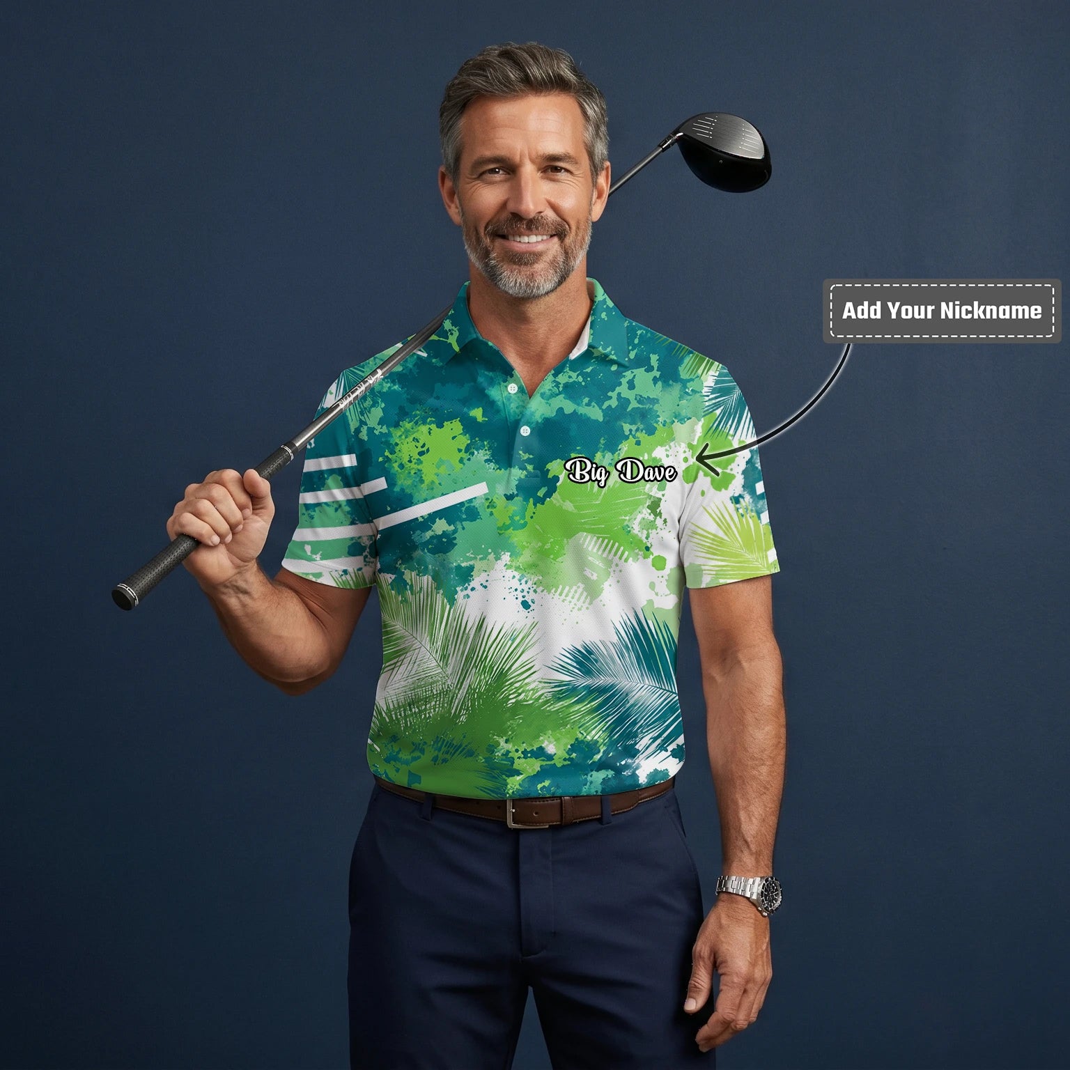 Personalised Green Blue Tropical Leaf Paint Splash Golf Polo Shirt For Men B7869