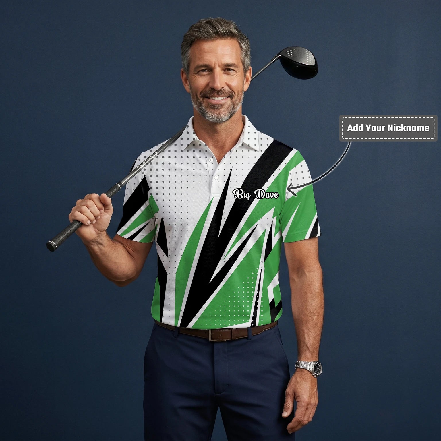 Personalised White Green Black Abstract Stripe Golf Polo Shirt For Men C9494