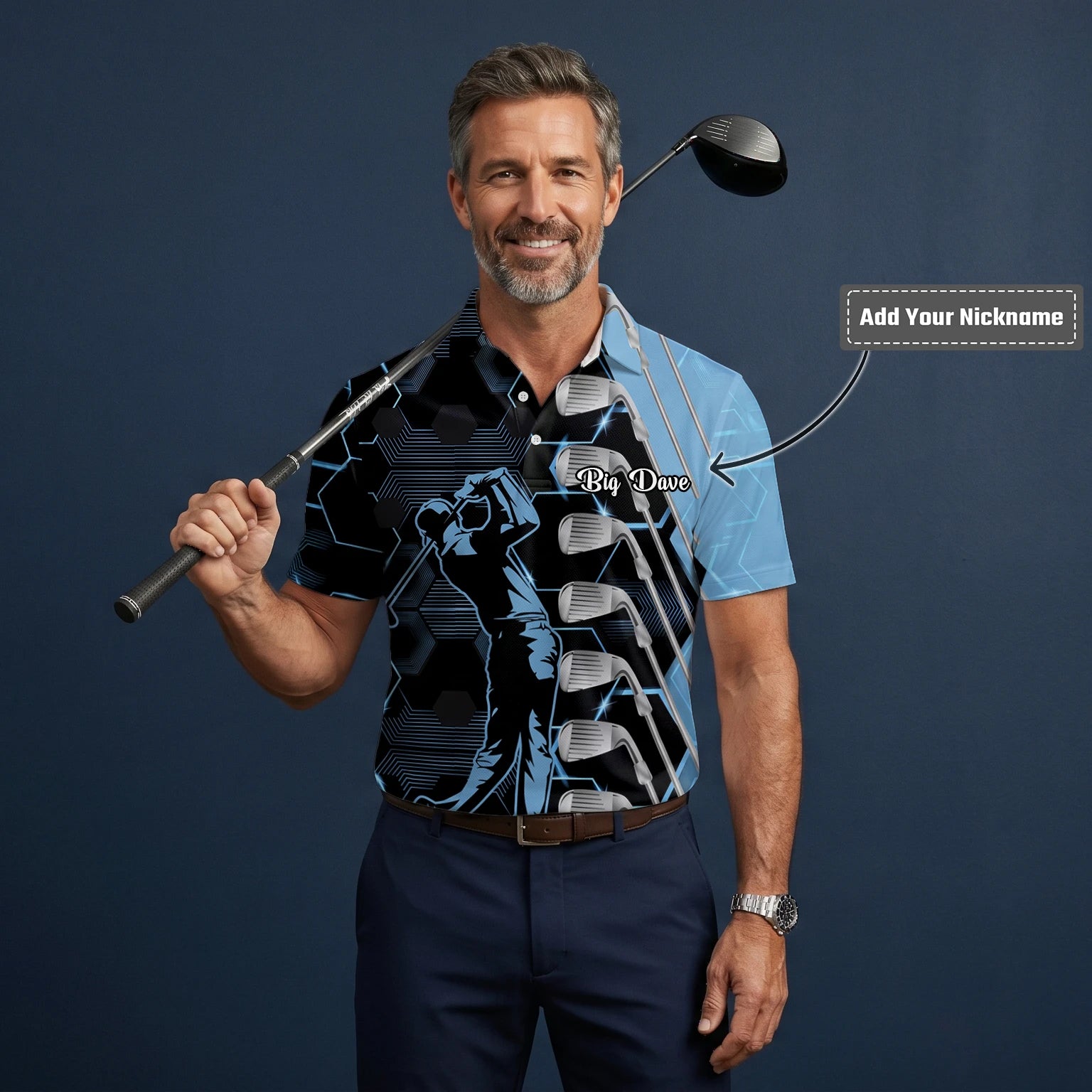 Personalised Black Blue Golfer Golf Club Graphic Golf Polo Shirt For Men J5818