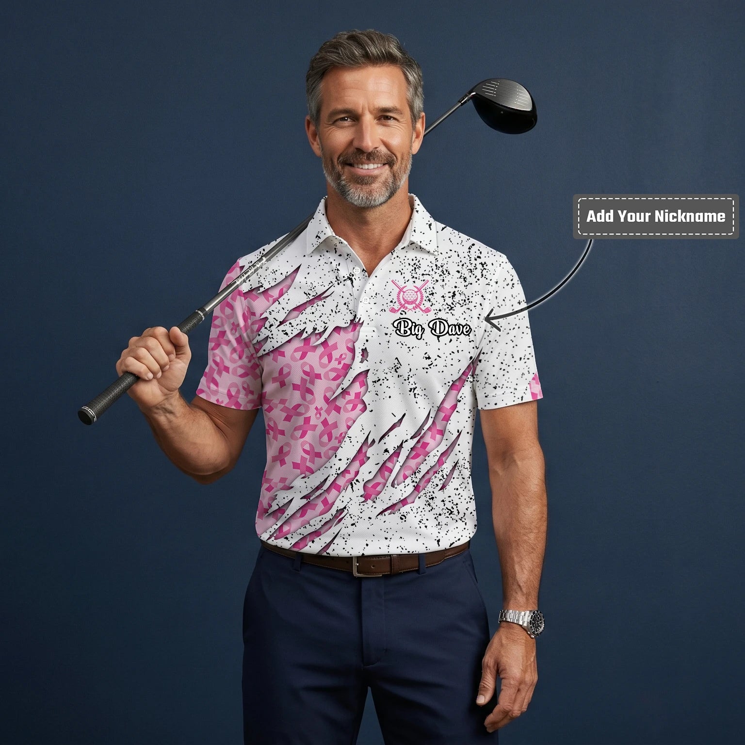 Personalised White Pink Breast Cancer Ribbon Torn Golf Polo Shirt For Men B7190