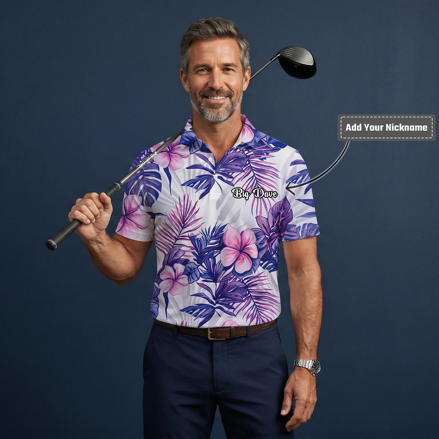 Personalised White Purple Tropical Hibiscus Leaf Golf Polo Shirt For Men H1054