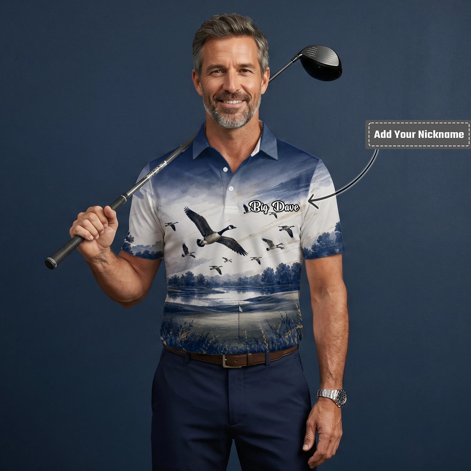 Personalised Dark Navy Watercolour Canada Geese Golf Polo Shirt For Men L8594