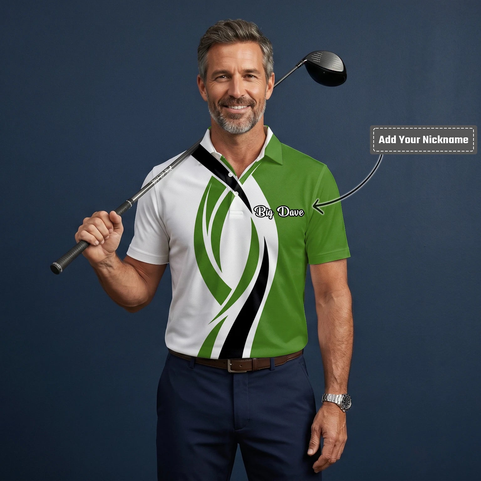 Personalised White Green Black Abstract Wave Golf Polo Shirt For Men P7352