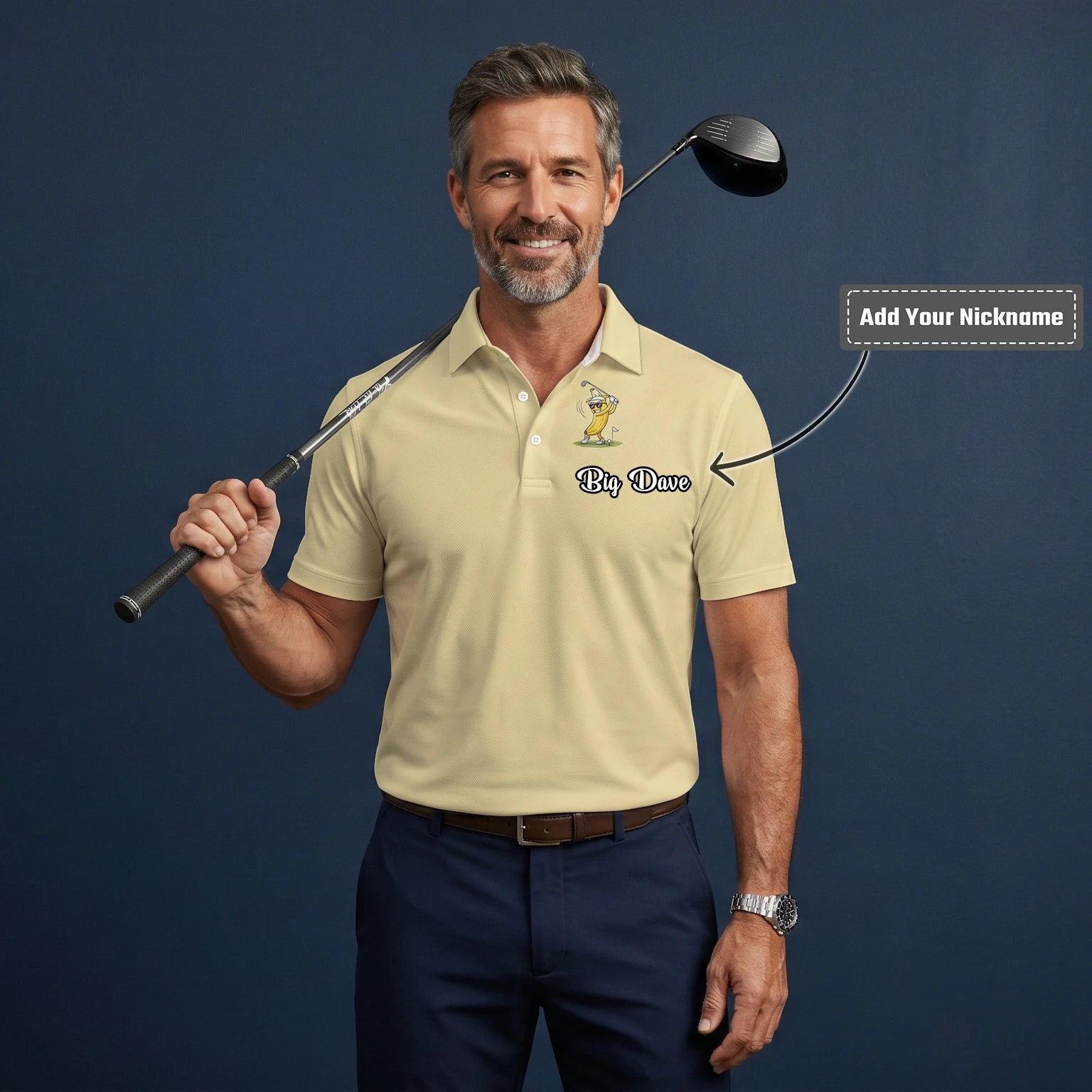 Personalised Pale Yellow Banana Golfer Cartoon Golf Polo Shirt For Men X9847
