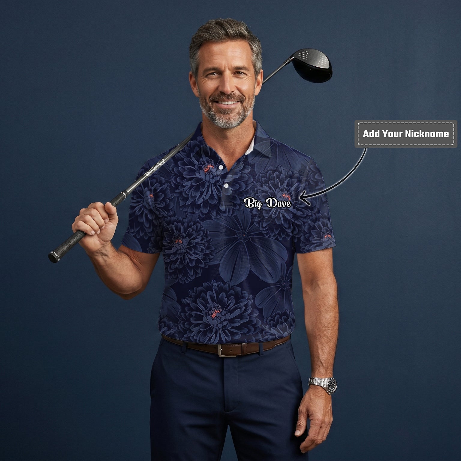 Personalised Dark Navy Chrysanthemum Floral Golf Polo Shirt For Men A0086