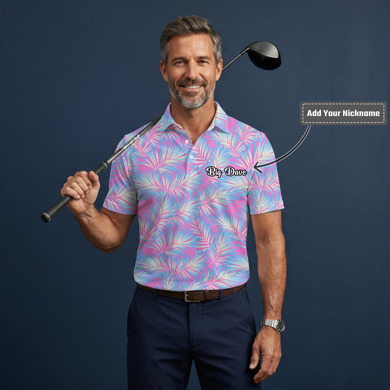 Personalised Pink Blue Palm Leaf Golf Polo Shirt For Men F1458