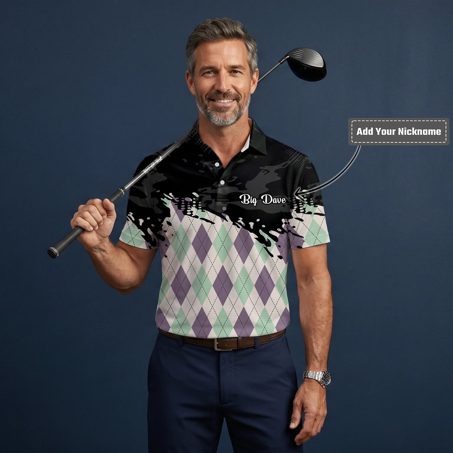 Personalised Black Mint Purple Argyle Paint Splash Golf Polo Shirt For Men C5124