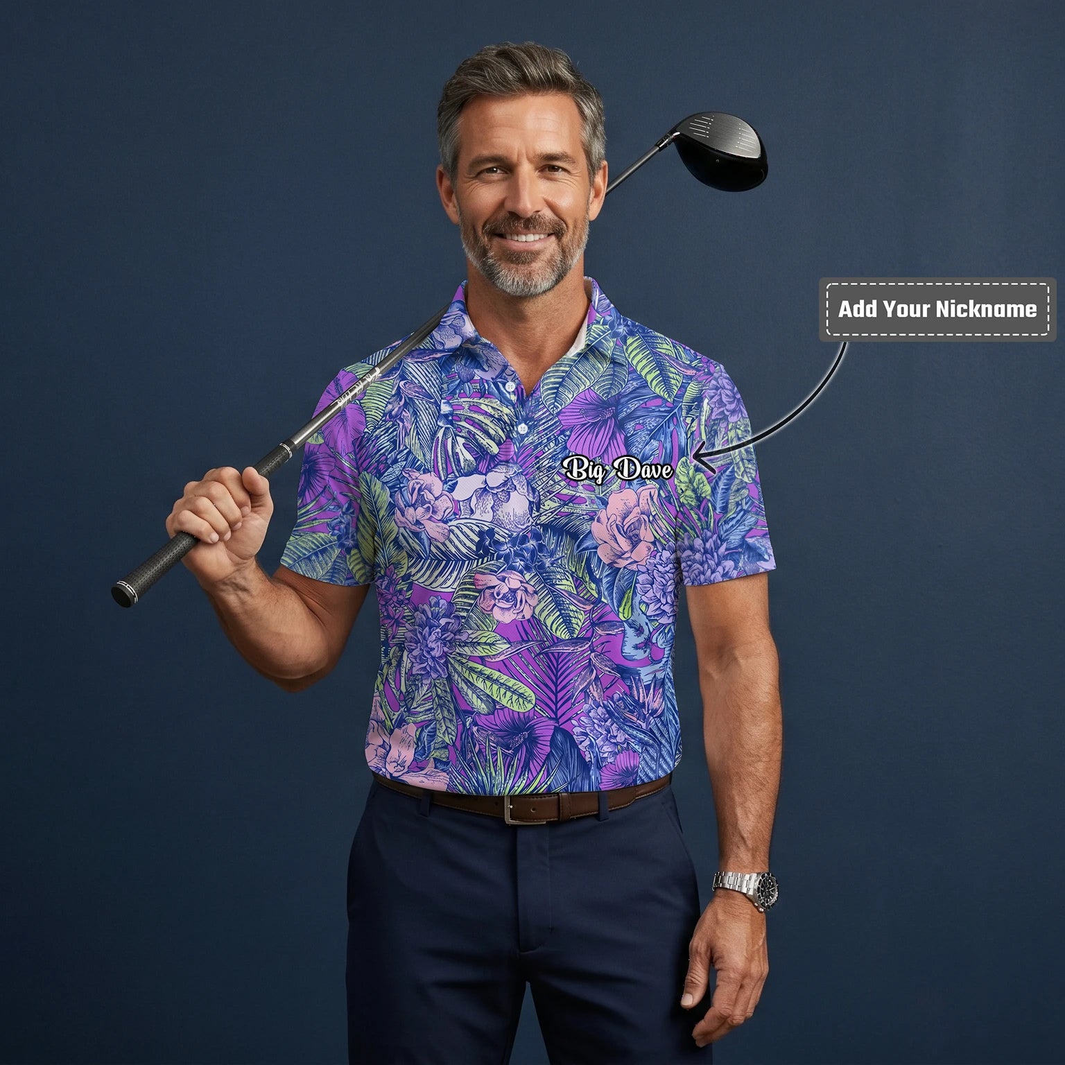 Personalised Purple Blue Tropical Floral Leaf Golf Polo Shirt For Men B8037