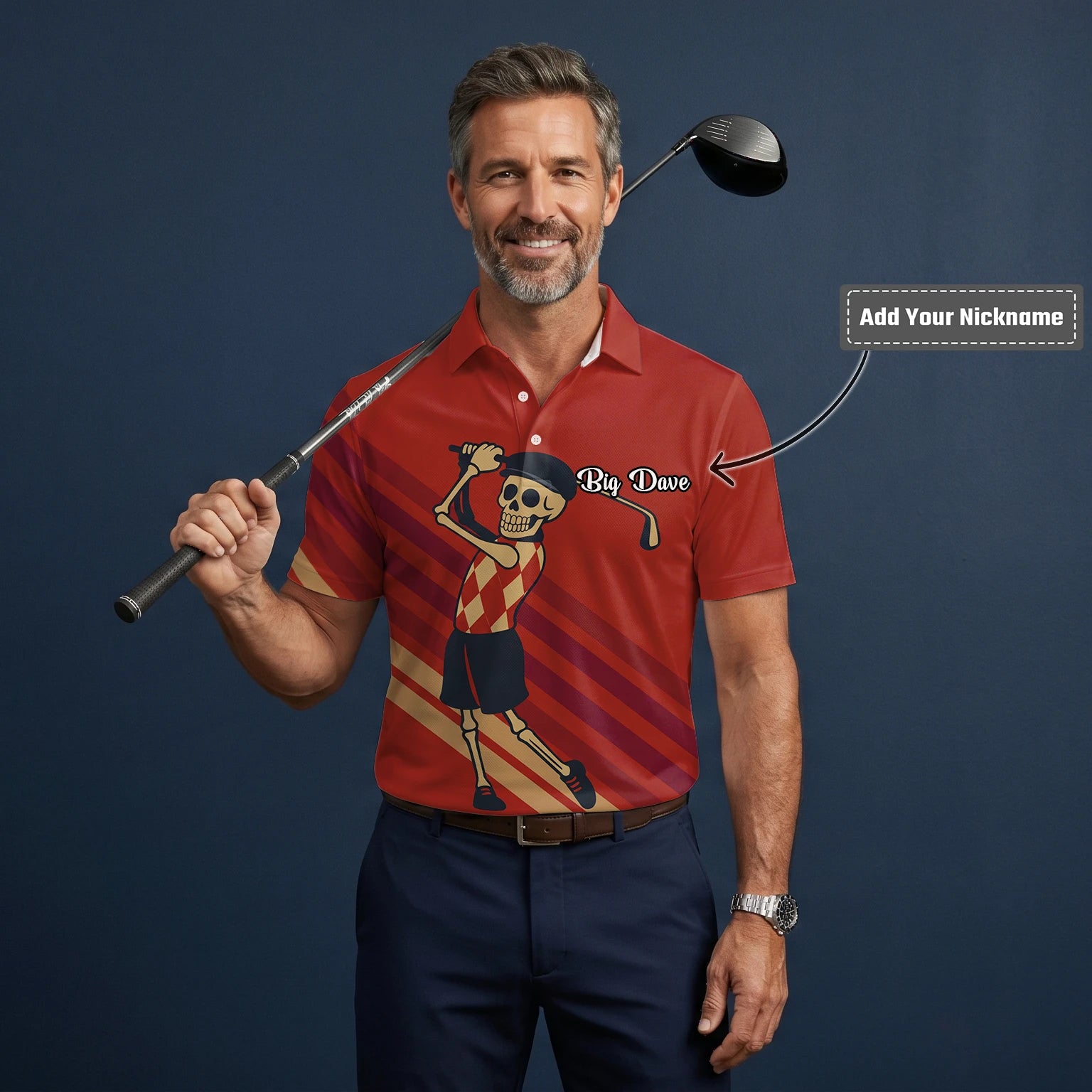 Personalised Red Skeleton Golfer Cartoon Golf Polo Shirt For Men F3648