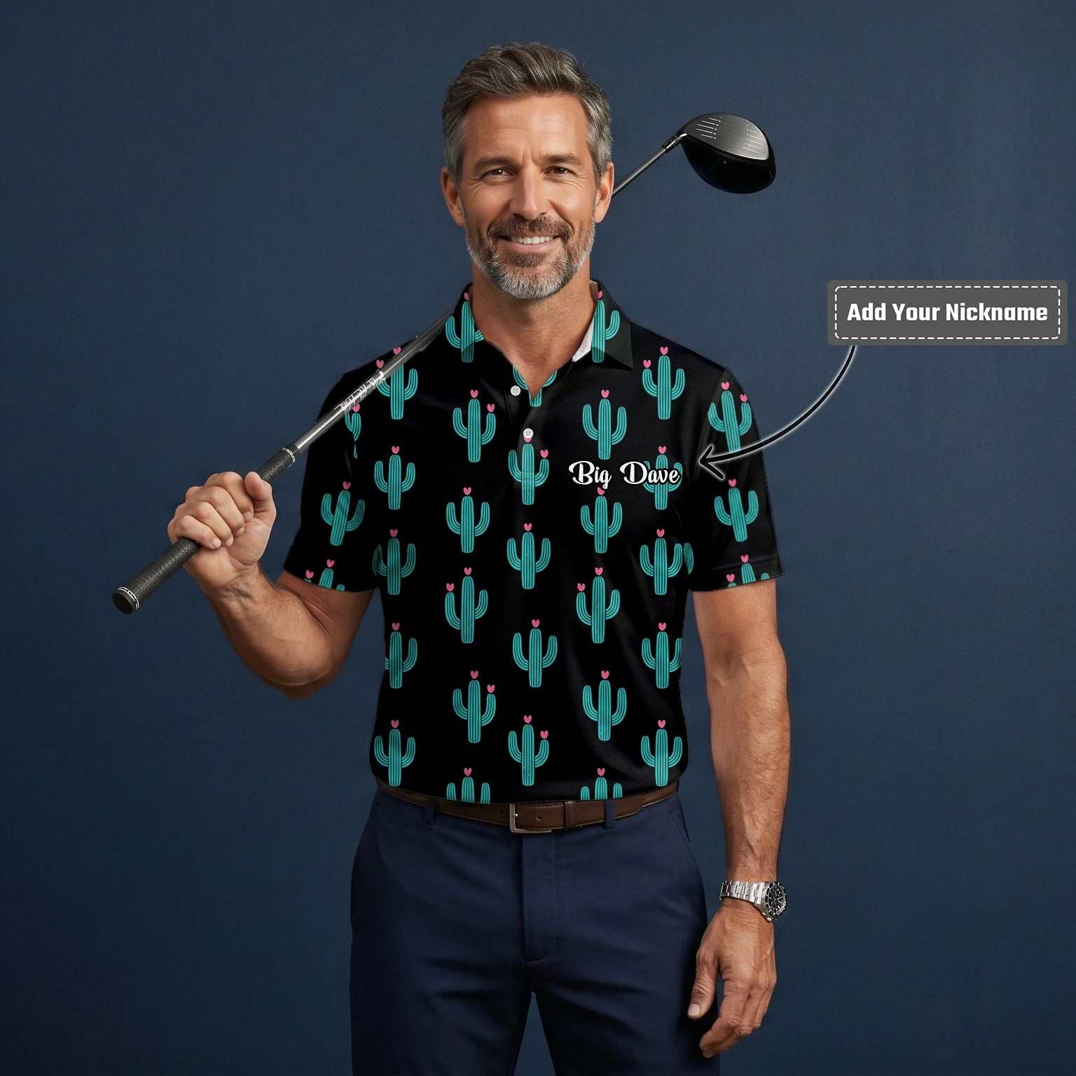 Personalised Black Turquoise Cactus Heart Golf Polo Shirt For Men L0709