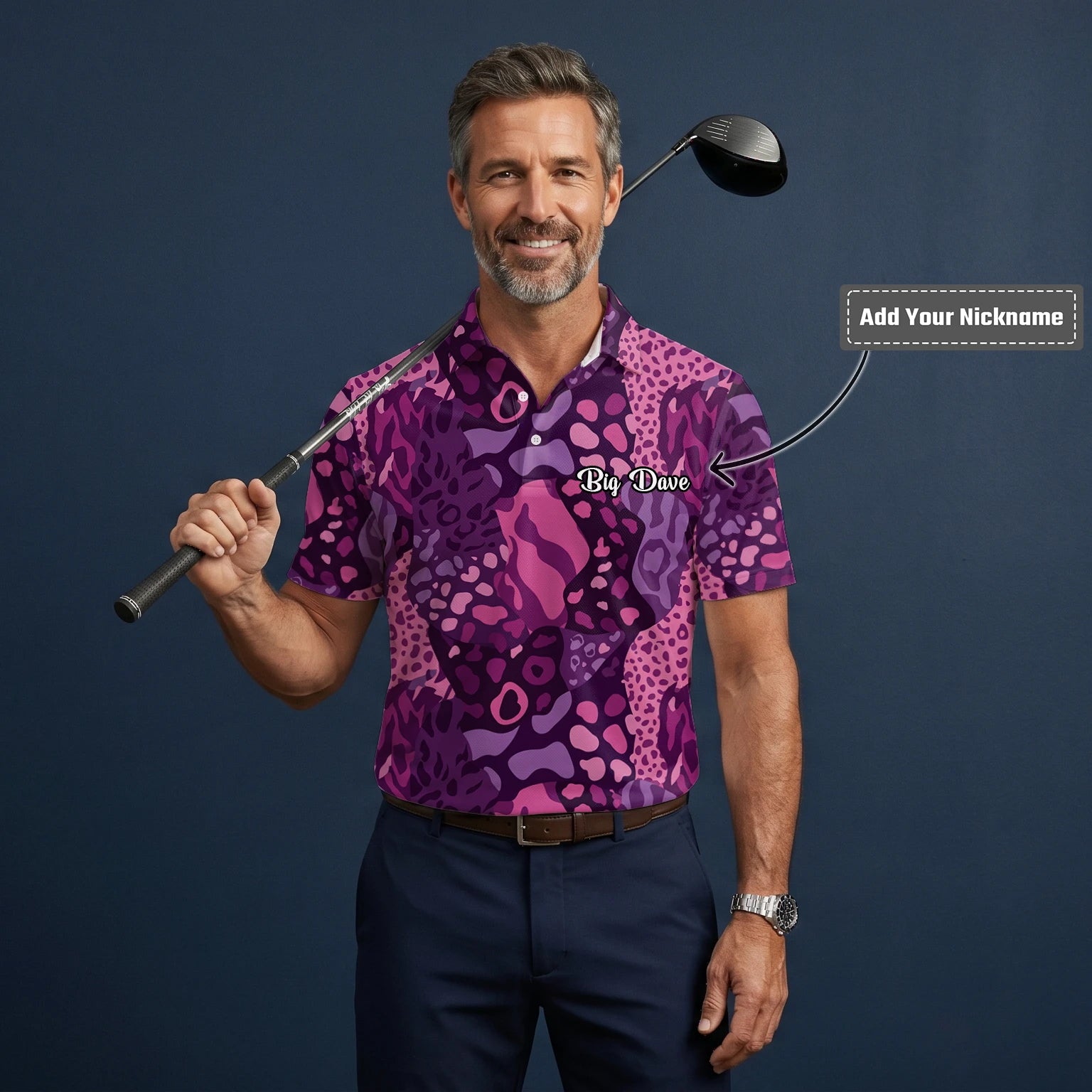 Personalised Purple Pink Leopard Camo Golf Polo Shirt For Men I6540