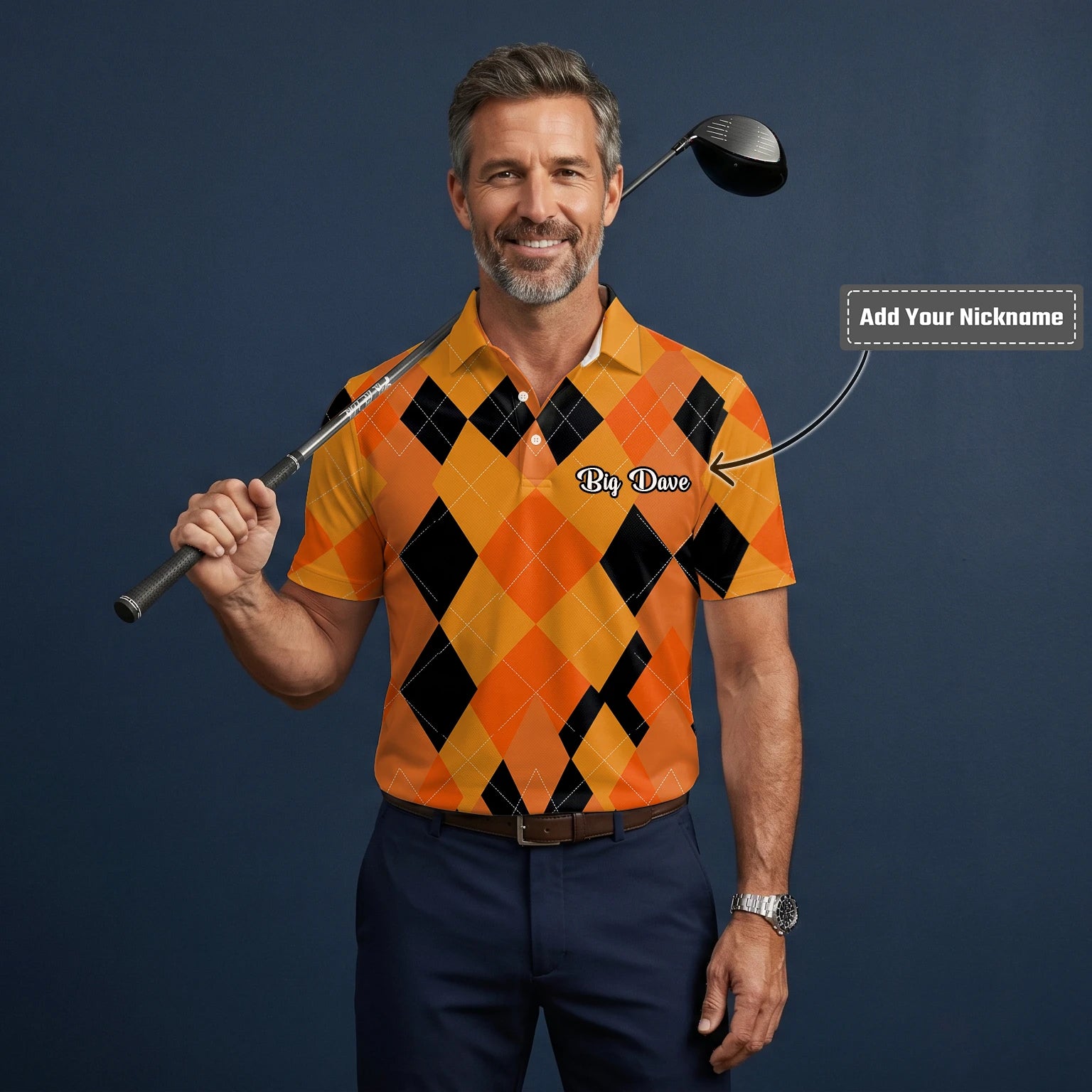 Personalised Orange Black Argyle Diamond Golf Polo Shirt For Men C4203