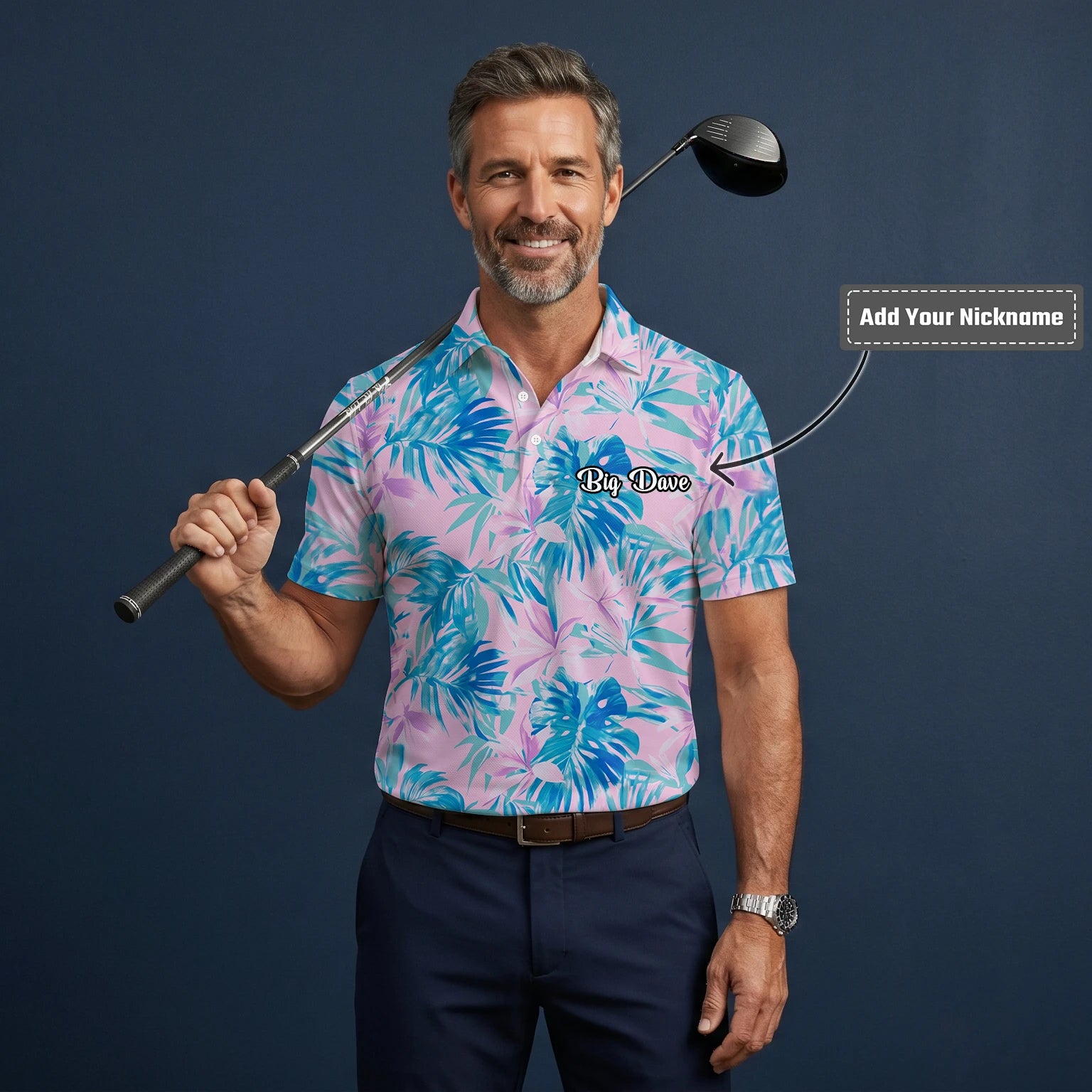 Personalised Pink Blue Tropical Leaf Golf Polo Shirt For Men K0497