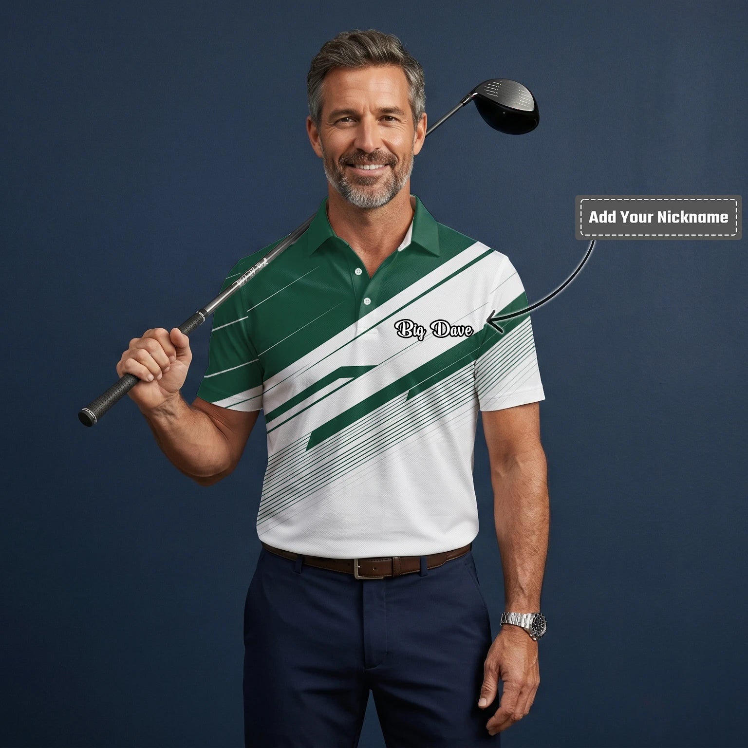 Personalised Green White Abstract Stripe Golf Polo Shirt For Men E5041