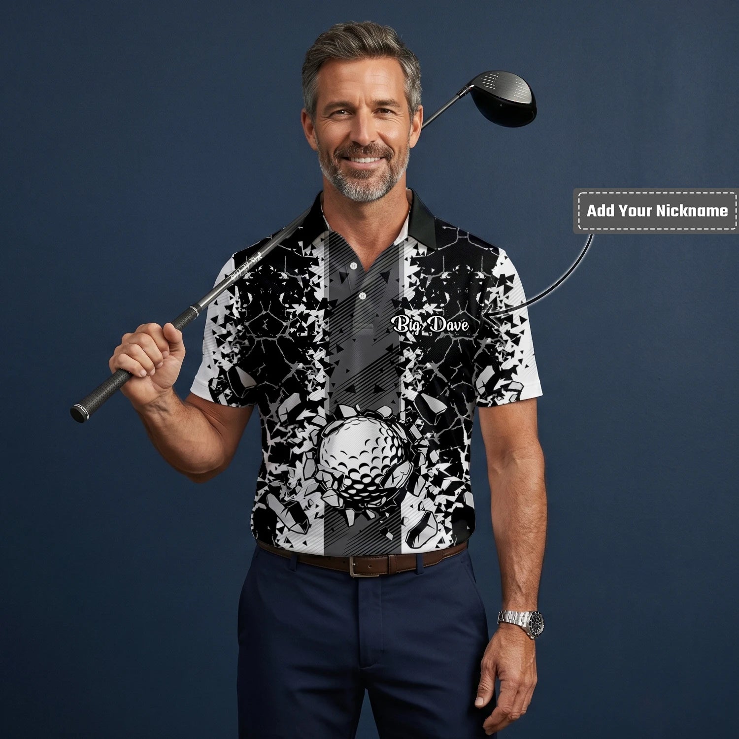 Personalised Black White Golf Ball Shattered Glass Golf Polo Shirt For Men F6407