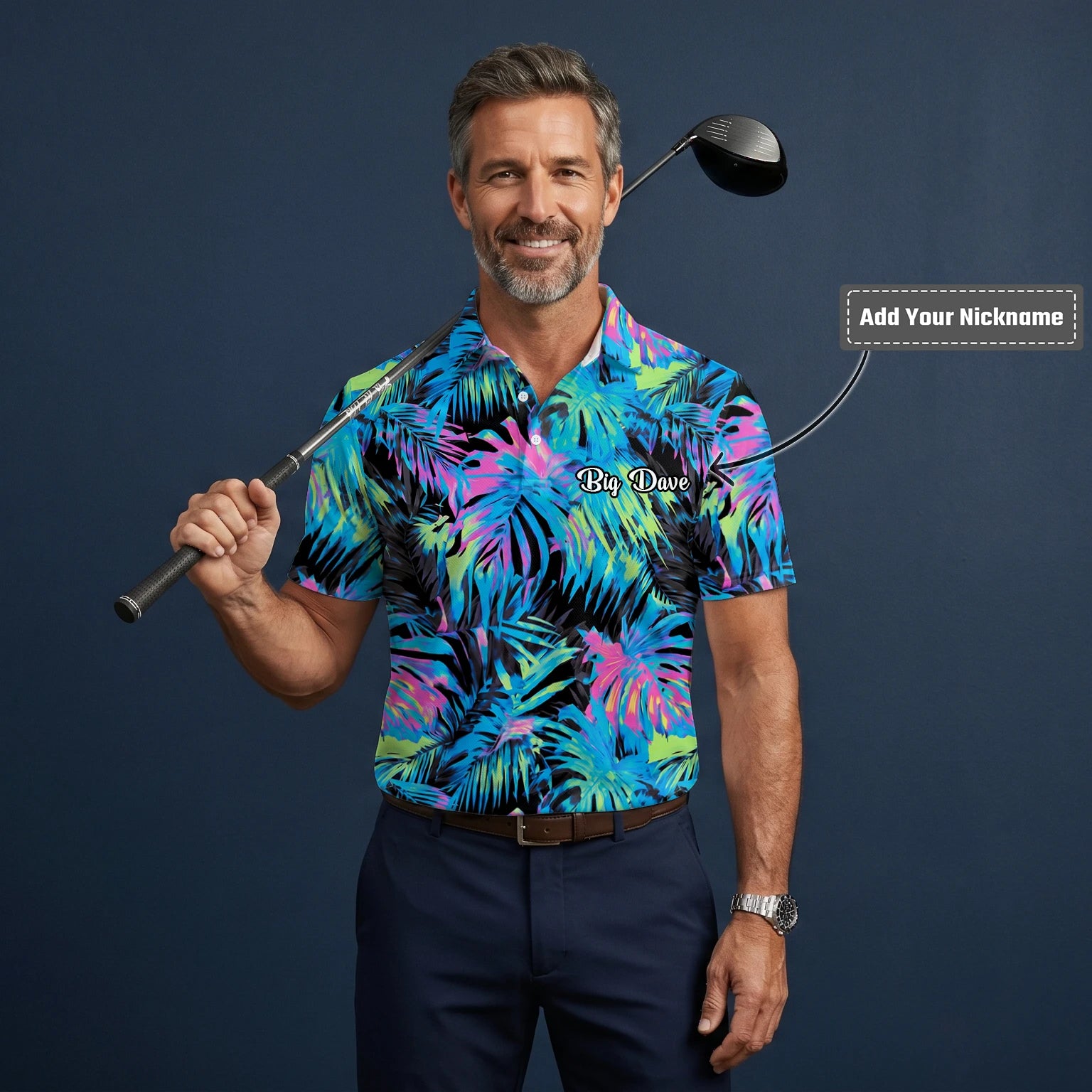 Personalised Black Neon Tropical Leaf Golf Polo Shirt For Men D2207
