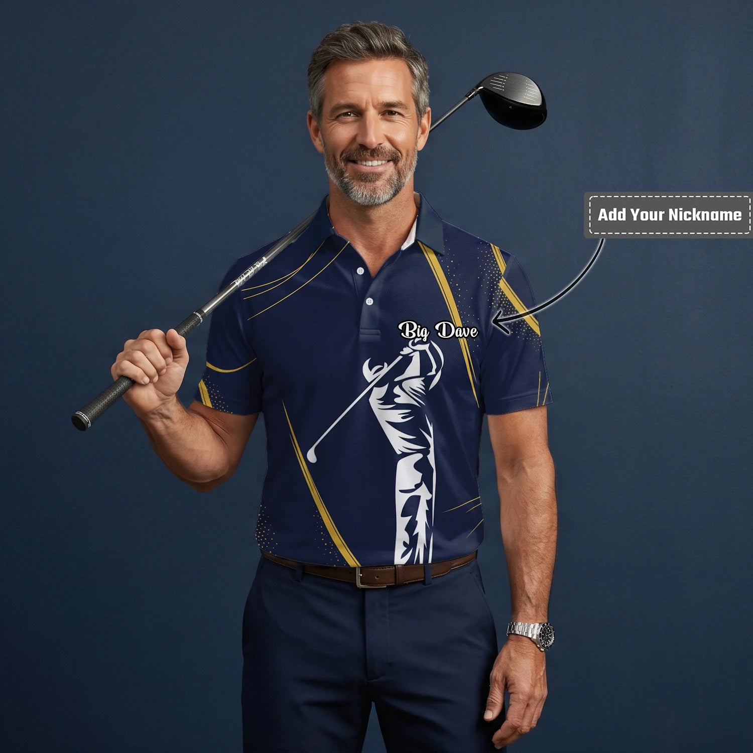Personalised Navy Gold Golfer Swing Silhouette Golf Polo Shirt For Men A1639