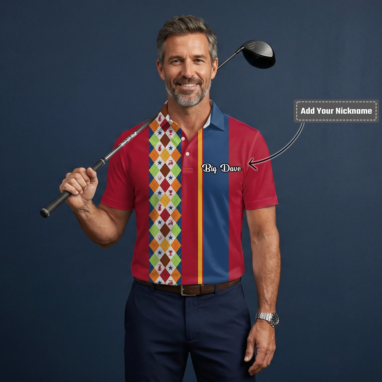 Personalised Red Blue Colourful Argyle Golf Polo Shirt For Men V1769
