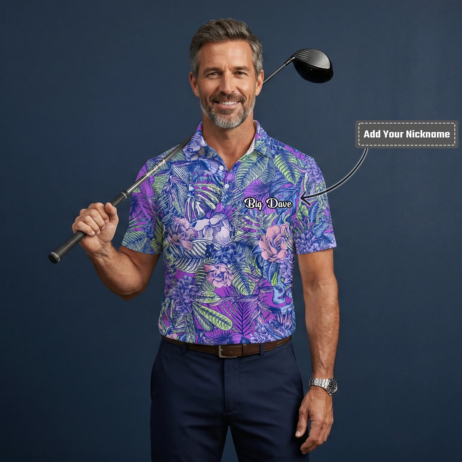 Personalised Purple Blue Tropical Floral Leaf Golf Polo Shirt For Men B8037