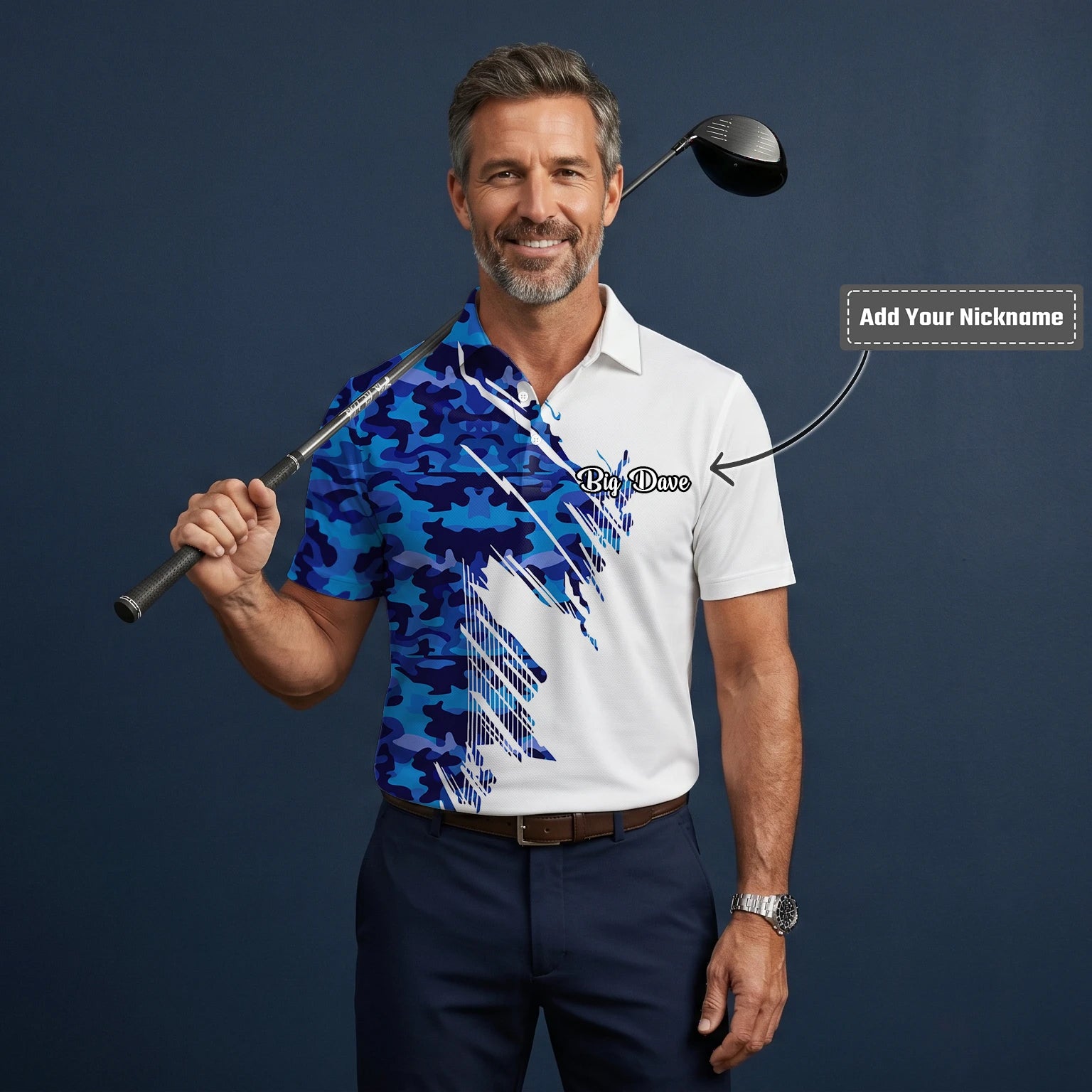 Personalised White Blue Camo Brush Stroke Golf Polo Shirt For Men M3845